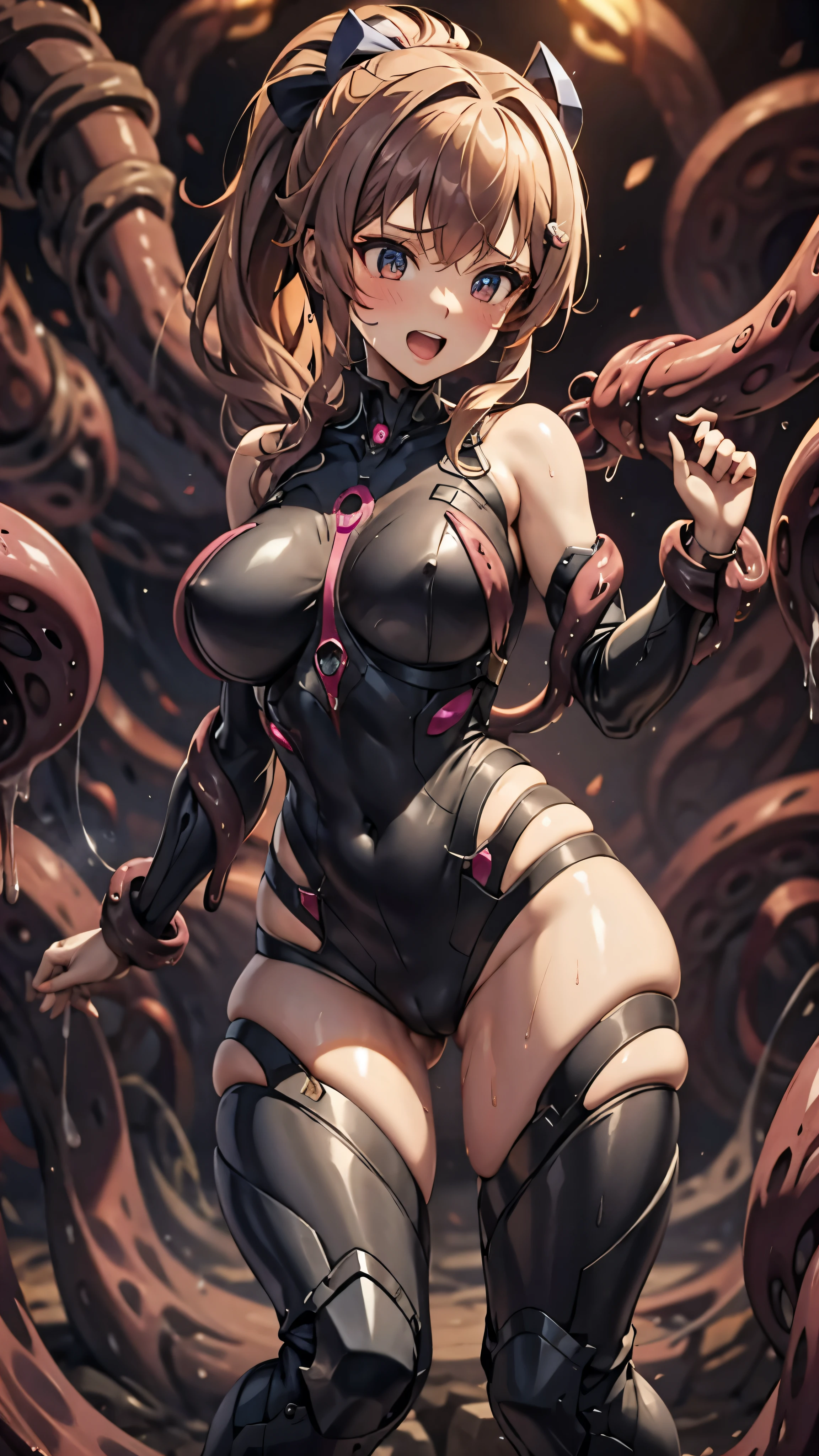 woman,,,city,night,(((black and pink tight miniskirt bodysuit))),(),open mouth smile(()),((Beautiful long ponytail)),((baby girl bo),blush、surprised face,(((Tentacles wrap around the body)))(((raped by tentacles)))(((Tentacles wrap around the body)))(((raped by tentacles)))((blonde))