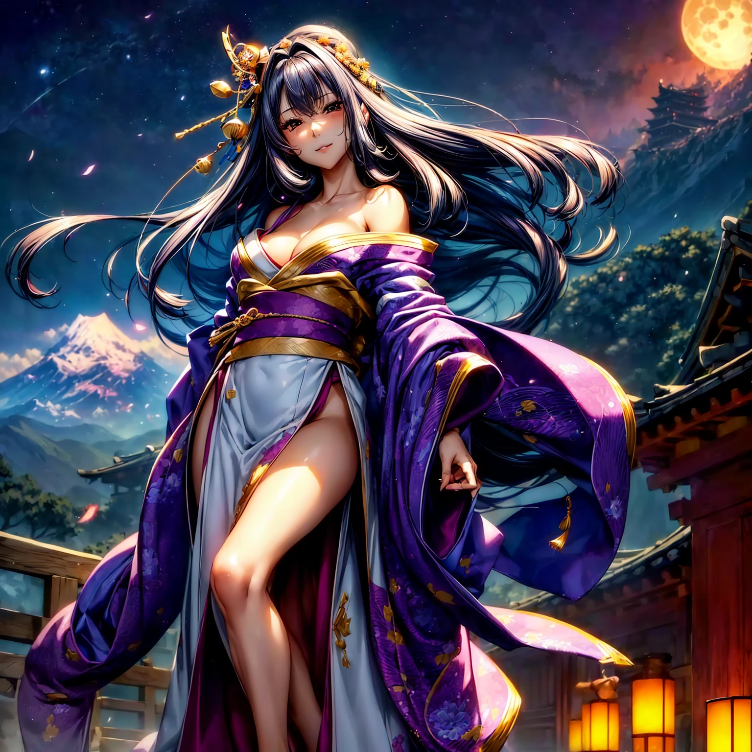 (((highest quality、masterpiece、8K quality,very high resolution)))、((A woman of perfect and ultimate beauty:24-years-old:Yamato Nadeshiko))、(beautiful face:smile、beautiful hair:Japanese hair decoration、beautiful body:Slender and beautiful breasts)、(best skin and hair texture、realistic textured skin、Realistic textured hair)、(Beautiful Japan kimono:Japanese pattern and purple:Layering,Kimono sleeves and obi are long,outstretched arm,Exposed shoulders from kimono,I can see the cleavage,whole body,I can see my thighs,Hair flutters under the influence of the wind,The sleeves and obi of the kimono flap in the wind.),(Mysterious place,Fantastic night sky and beautiful full moon,lantern,beautiful scenery,beautiful scenery,Beautiful colors)、(bijinga:1.2,realistic portrait)、dynamic movement,dynamic angle,dynamic pose,model shoot,Overall image、accurate anatomy、highly detailed images、accurate image、perfect image、Image without defects、natural soft light、beautiful images、beautiful anime woman, beautiful art style, anime character、(best shot:1.2,RAW photo:1.2)