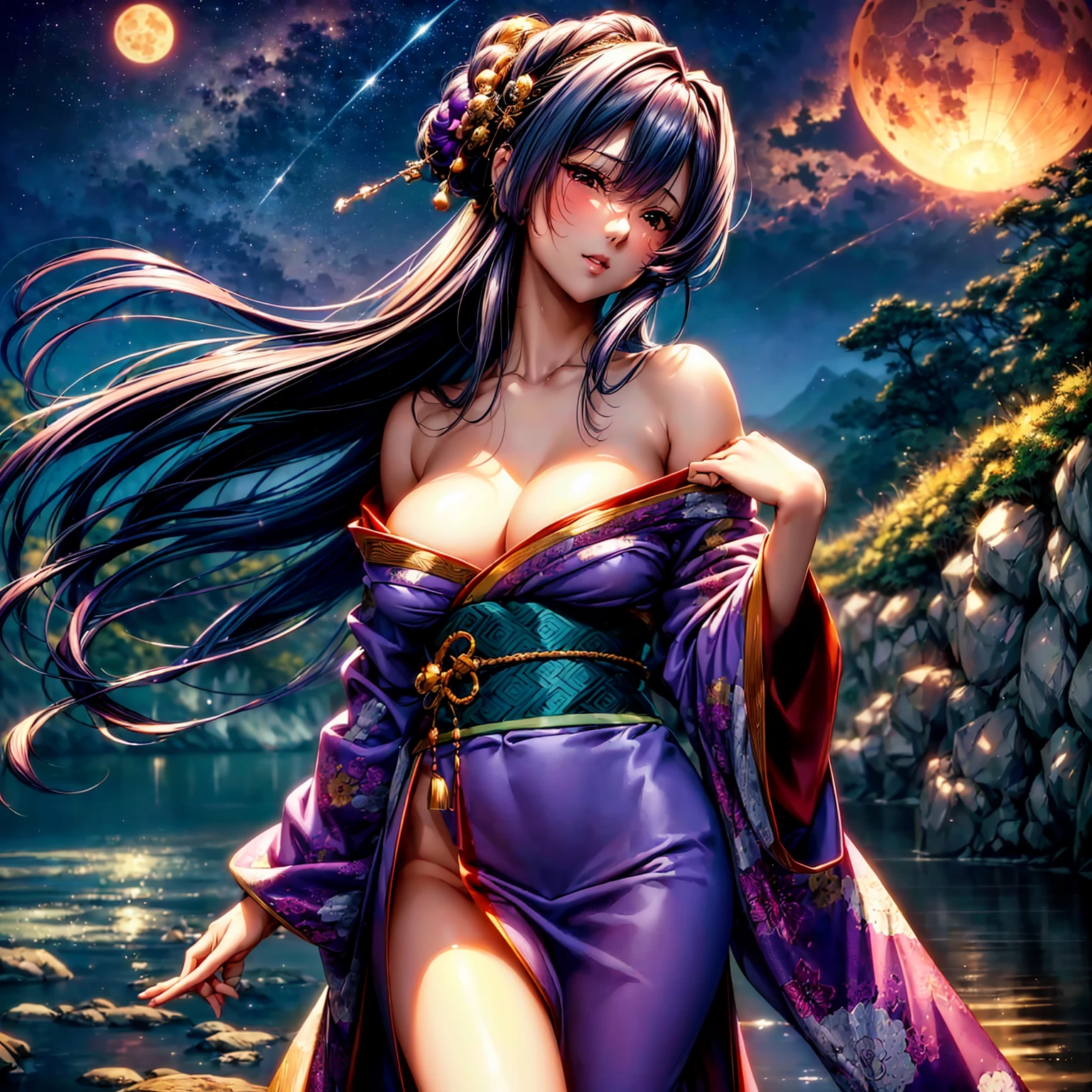 (((highest quality、masterpiece、8K quality,very high resolution)))、((A woman of perfect and ultimate beauty:24-years-old:Yamato Nadeshiko))、(beautiful face:smile、beautiful hair:Japanese hair decoration、beautiful body:Slender and beautiful breasts)、(best skin and hair texture、realistic textured skin、Realistic textured hair)、(Beautiful Japan kimono:Japanese pattern and purple:Layering,Kimono sleeves and obi are long,outstretched arm,Exposed shoulders from kimono,I can see the cleavage,whole body,I can see my thighs,Hair flutters under the influence of the wind,The sleeves and obi of the kimono flap in the wind.),(Mysterious place,Fantastic night sky and beautiful full moon,lantern,beautiful scenery,beautiful scenery,Beautiful colors)、(bijinga:1.2,realistic portrait)、beautiful pose,various camera angles、model shoot,Overall image、accurate anatomy、highly detailed images、accurate image、perfect image、Image without defects、natural soft light、beautiful images、beautiful anime woman, beautiful art style, anime character、(best shot:1.2,RAW photo:1.2)