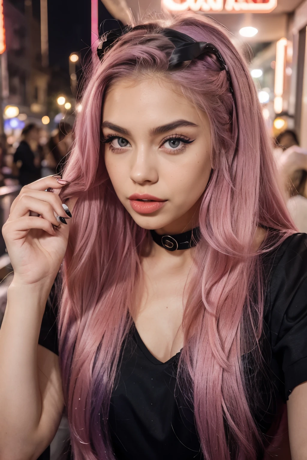Mixed polish but more latina woman with long hair sticking out her tongue in a black dress, tongue out, long blonde hair and large eyes, duckface, a gorgeous , swedish woman, goddess ,saturated pink hair and large blueish eyes face, perfect girl, with long pink hair, instagram model, sexy girl with long purple hair, big lips, makeup, strong eyebrows, 23 years old, fit, only lip gloss, Thick red light red lips, madison beer, perfect girl, with soemthing interesing in her eyes, e girl, young , sharp face, not innocent face, strong pink purple hair , kittyxnacre maddie francesca type, she is in a typical mexican city