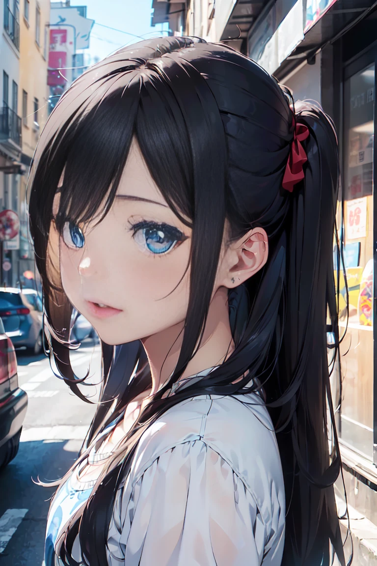 1 girl,street snap,((super detailed,highest quality)),whole body((small nose,indigo hair, long hair,straight hair,two side up)) (blue eyes),eye shadow, eyeliner,glow eye, highly detailed eyes, complicated eyes, beautiful eyes, 18 year old girl.laughter、(Wearing Stassie)Stassie