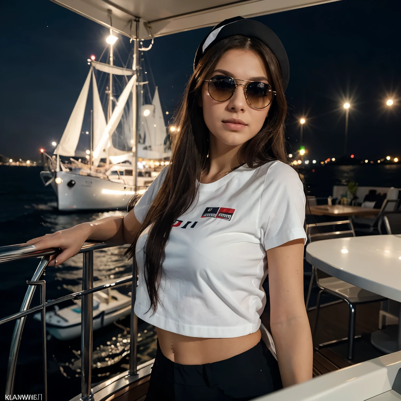 Full bodyaufnahme einer attraktiven libanesischen E-Girl-Frau lachend auf dem Yachtdeck, boat party with lots of people, Kardashian-Gesicht, mit hellbrauner Haut, Naturally, kein Make up, Naturally imperfections, schwarzes Haar, in Partyoutfit, weisses shirt, with sunglasses and sailor hat, Hintergrund Nacht, Aufgenommen mit einer Canon EOS R3 mit RF 1200mm f8 L IS USM, Kamerawinkel von der Seite und von unten, Naturally light, Full body, realistische Fotografie, Hyperdetail, UltraHD, UltraHD, HDR, - no bad hands, keine Lampen