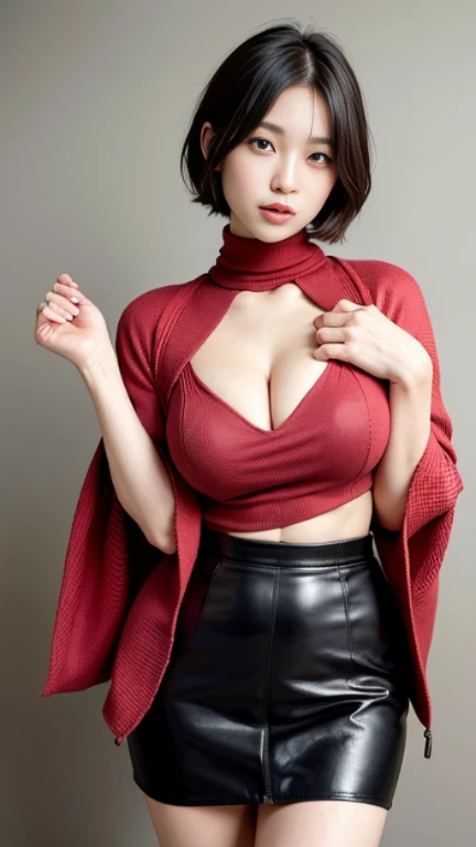 ((top-quality、masterpiece、photographrealistic:1.4、in 8K))、beautiful japanese female1a person、25years old、Beautiful short hair、delicate and beautiful face、Eyes and faces with detailed 、Beautiful lighting、Shy laughter、Textured skin、Super Detail、high detailing、High quality、hight resolution、(Fluffy red kimono:1.3)、bangss、Colossal tits:1.2)、Engaging pose、Slim waist、natural soft light、cleavage of the breast、"A black turtleneck top, leather mini skirt, patterned tights, black over-the-knee boots, and a designer bag."