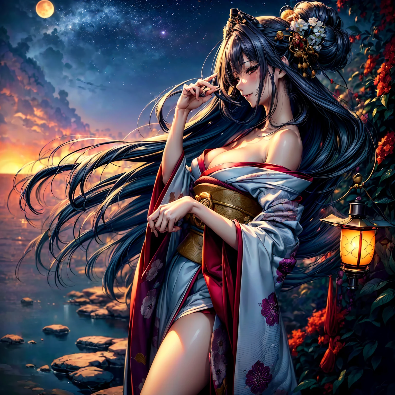 (((highest quality、masterpiece、8K quality,very high resolution)))、((A woman of perfect and ultimate beauty:24-years-old:Yamato Nadeshiko))、(beautiful face:smile、beautiful hair:Japanese hair decoration、beautiful body:Slender and beautiful breasts)、(best skin and hair texture)、(Beautiful Japan kimono:Japanese pattern and purple:Layering,Kimono sleeves and obi are long,outstretched arm,Exposed shoulders from kimono,I can see the cleavage,whole body,I can see my thighs,Hair flutters under the influence of the wind,The sleeves and obi of the kimono flap in the wind.),(Mysterious place,Fantastic night sky and beautiful full moon,lantern,beautiful scenery,beautiful scenery,Beautiful colors)、(bijinga,realistic portrait)、beautiful pose,various camera angles、model shoot,Overall image、accurate anatomy、highly detailed images、accurate image、perfect image、Image without defects、natural soft light、beautiful images、beautiful anime woman, beautiful art style, anime character、(best shot:1.2,RAW photo:1.2)