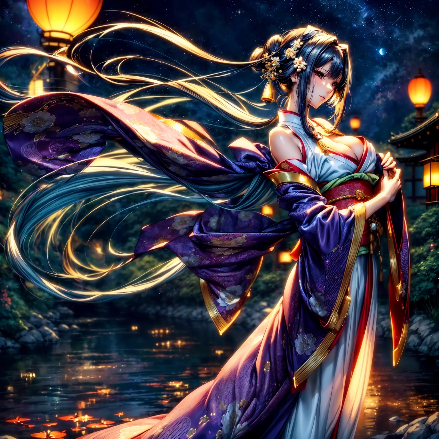 (((highest quality、masterpiece、8K quality,very high resolution)))、((A woman of perfect and ultimate beauty:24-years-old:Yamato Nadeshiko))、(beautiful face:smile、beautiful hair:Japanese hair decoration、beautiful body:Slender and beautiful breasts)、(best skin and hair texture)、(Beautiful Japan kimono:Japanese pattern and purple:Layering,Kimono sleeves and obi are long,outstretched arm,Exposed shoulders from kimono,I can see the cleavage,whole body,I can see my thighs,Hair flutters under the influence of the wind,The sleeves and obi of the kimono flap in the wind.),(Mysterious place,Fantastic night sky and beautiful full moon,lantern,beautiful scenery,beautiful scenery,Beautiful colors)、(bijinga,realistic portrait)、beautiful pose,various camera angles、model shoot,Overall image、accurate anatomy、highly detailed images、accurate image、perfect image、Image without defects、natural soft light、beautiful images、beautiful anime woman, beautiful art style, anime character、(best shot:1.2,RAW photo:1.2)