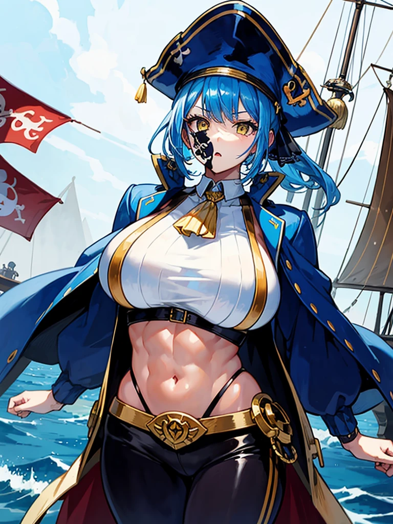 (((masterpiece、Highest image quality、highest quality、highly detailed unity 8kwallpaper)))、((Illustration of one girl、upper body))、(((beautiful girl)))、(female pirate)、(Light light blue hair、short ponytail:1.2、yellow eyes)、((tall))、(((muscle girl, muscle, bulky figure, massive frame, thick neck, sturdy arms, powerful legs、solid chest)))、(captain's suit、Pirate hat、Blue coat)、Pirate ship deck