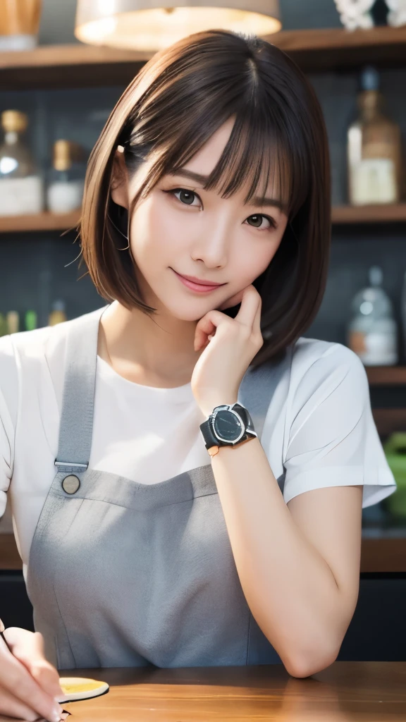 (In 8K、Raw photo、highest quality、realistic、Photoreal, look at the camera, light shines on your face, gray background, upper body shot), 27-year-old woman、Japanese、company employee。short or medium hair、Beautiful eyebrows。On weekends, I work part-time at a bar.、Nice and clean、nice smile。Handicrafts are my hobby、Because he is good at detailed work、The impression is that he is delicate and has good hands.。Because I like pasta、Although she has a casual fashion sense、A slightly more sophisticated style in the dining scene。I'm good at time management、May be wearing a smartwatch or simple accessory。