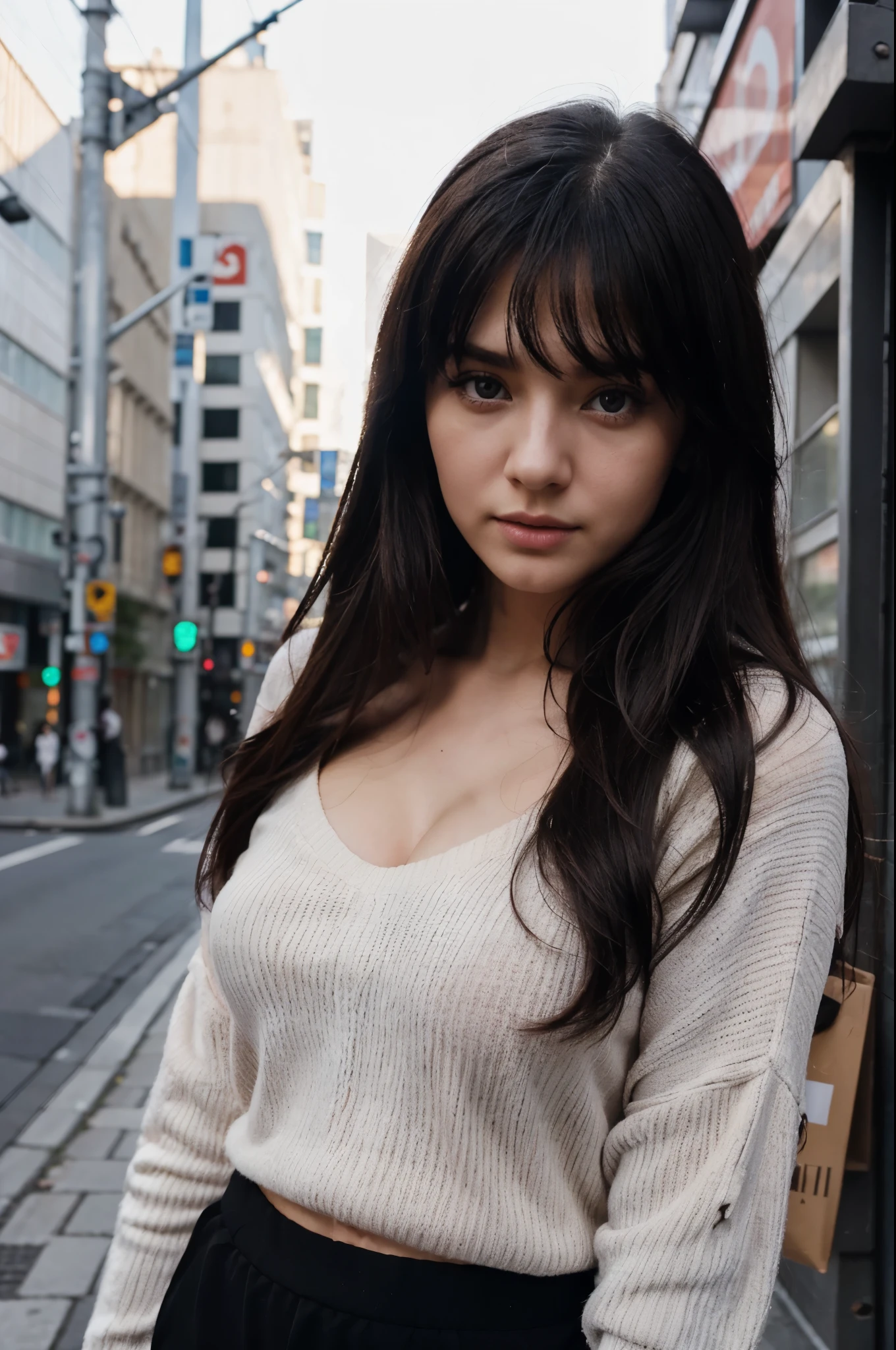Instagram photo, 21yo russian woman, long hair, black hair, closeup portrait, pink sweater, black pant , cleavage, pale, hard shadows, Tokyo street, vouge magazine photoshoot, model,