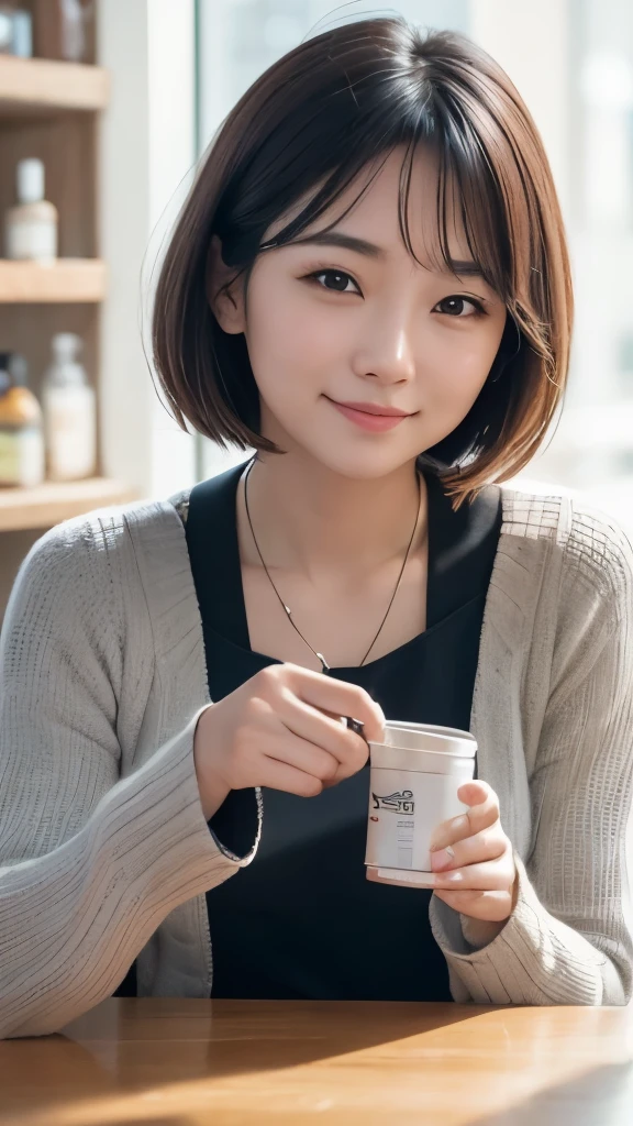 (In 8K、Raw photo、highest quality、realistic、Photoreal, look at the camera, light shines on your face, gray background, upper body shot), 27-year-old woman、Japanese、company employee。short or medium hair、Beautiful eyebrows。On weekends, I work part-time at a bar.、Nice and clean、nice smile。Handicrafts are my hobby、Because he is good at detailed work、The impression is that he is delicate and has good hands.。Because I like pasta、Although she has a casual fashion sense、A slightly more sophisticated style in the dining scene。I'm good at time management、May be wearing a smartwatch or simple accessory。