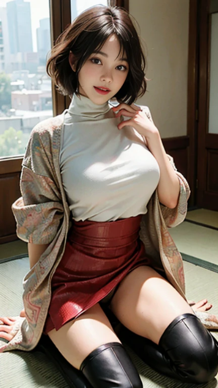 ((top-quality、​masterpiece、photographrealistic:1.4、in 8K))、beautiful japanese female１a person、２5years old、Beautiful short hair、delicate and beautiful face、Eyes and faces with detailed 、Beautiful lighting、Shy laughter、Textured skin、Super Detail、high detailing、High quality、hight resolution、(Fluffy red kimono:1.3)、bangss、Colossal tits:1.2)、Engaging pose、Slim waist、natural soft light、cleavage of the breast､"A black turtleneck top, leather mini skirt, patterned tights, black over-the-knee boots, and a designer bag."