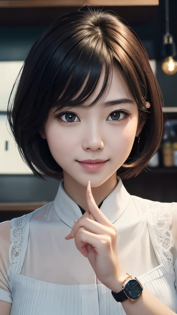 (In 8K、Raw photo、highest quality、realistic、Photoreal, look at the camera, light shines on your face, gray background, upper body shot), 27-year-old woman、Japanese、company employee。short or medium hair、Beautiful eyebrows。On weekends, I work part-time at a bar.、Nice and clean、nice smile。Handicrafts are my hobby、Because he is good at detailed work、The impression is that he is delicate and has good hands.。Because I like pasta、Although she has a casual fashion sense、A slightly more sophisticated style in the dining scene。I'm good at time management、May be wearing a smartwatch or simple accessory。