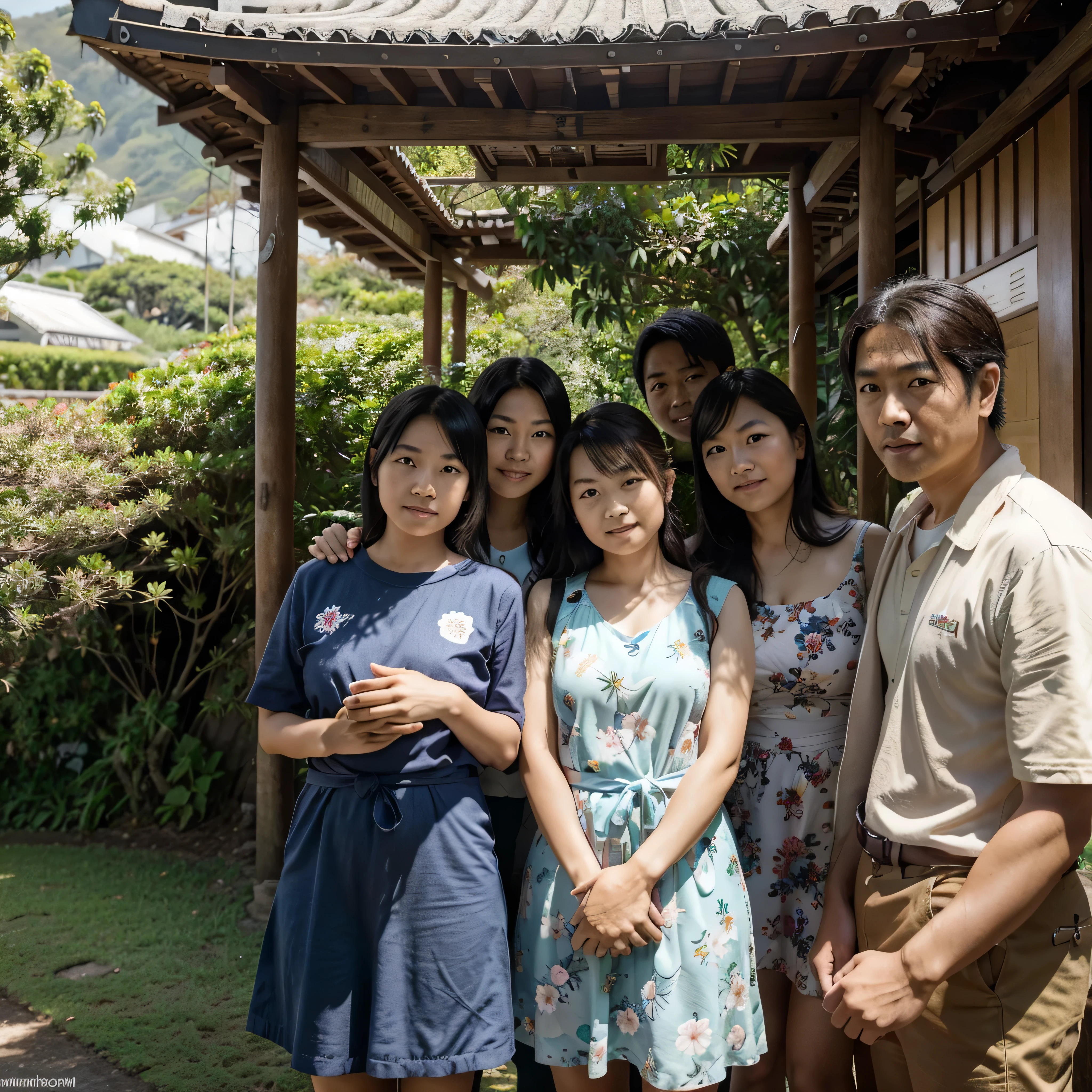 A whole Japanese family together with small children, agers and parents and grandparents, sentados numa mesa madeira de frente a uma cabana num dia muito chuvoso, numa floresta ao fundo com montanhas, Impeccable, Fantastic, nunca visto antes e todos os detalhes em UHD