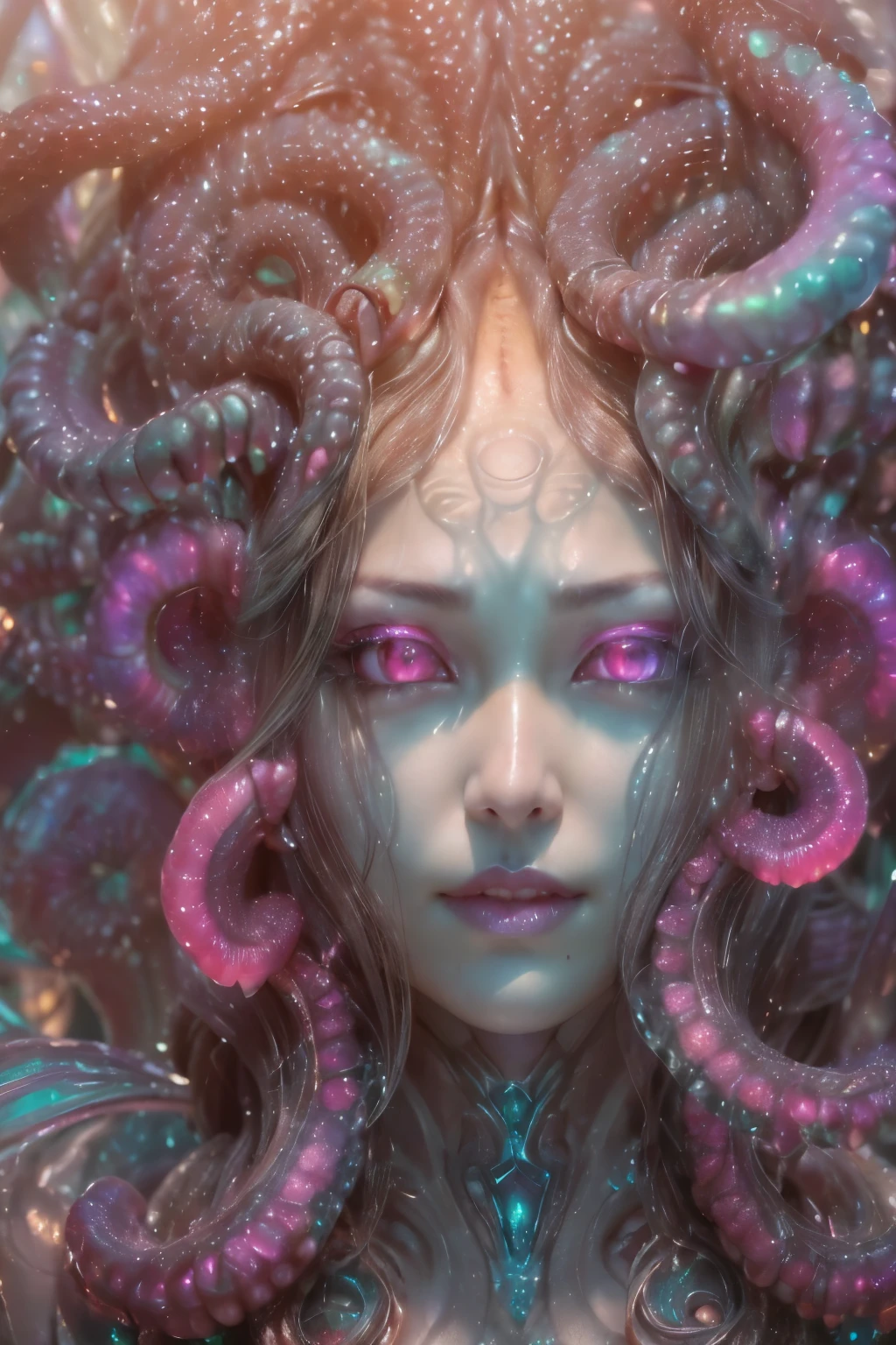 (1 beautiful and obscene female alien:1.4), (There is a female genital-like organ in the middle of her forehead:1.95), She has medusa-like hair, (there are lots of translucent tentacles from her head like her hair:1.5), (vulgarity1.7), (she is looking at viewers with glowing red eyes with no pupils:1.6), (She has translucent pale skin:1.4),(She has the most beautiful face in the history of the universe:1.2), (She has multiple bioluminescent organs on the side of her tentacles:1.4), (Her body is covered with an iridescent exoskeleton:1.4), (She is showing her arm pits:1.6), an evil gaze that seduces, (looking down at viewers:1.4),(Vampire-like long canine teeth can be glimpsed through the gap between the cute lips:1.4) (bio luminescent:1.4), (Smile wickedly:1.3), (sexypose:1.4), alien, No humans, cells are fused, extraterrestrial, cell, bio image, ultra high resolution, (photos realistic:1.7), (Numerous award-winning masterpieces, with incredible detail, textures and maximum detail), Dramatic Lighting, cinematic quality, (exquisite details:1.2), High freshness, drawing faithfully, (Thick eyebrows:1.2), Beautiful eyes with fine symmetry,(Highly detailed face and eyes:1.2),(Super detailed skin quality feeling:1.4), perfect anatomy, (Beautiful toned body:1.5), (Moist skin:1.2), not wearing makeup, (dark circles:1.1), long canines, cinematic drawing of characters, cinematic quality, (exquisite details:1.2), high resolution, High freshness, drawing faithfully, official art, Unity 8K Wall paper, ultra detailed artistic photography, midnight aura, unreal engine 5, Ultra Sharp Focus, art by Amano Yoshitaka, ArtGerm, ultra realistic realism, dream-like, Creation of fantasy, dream Snail, (biopunk nautilus:1.3),Thrilling color schemes, seductively smiling, Amazing mutation, well-proportioned body, goddess of the deep sea, fractal, Geometric pattern, impossible figures, subtle emerald green accents, (expression of ecstasy:1.4)