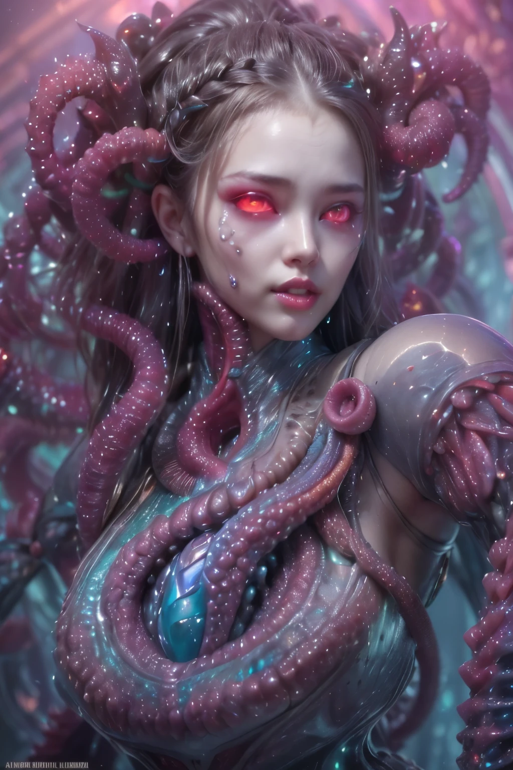 (1 beautiful and obscene female alien:1.4), (There is a female genital-like organ in the middle of her forehead:1.95), She has medusa-like hair, (there are lots of translucent tentacles from her head like her hair:1.5), (vulgarity1.7), (she is looking at viewers with glowing red eyes with no pupils:1.6), (She has translucent pale skin:1.4),(She has the most beautiful face in the history of the universe:1.2), (She has multiple bioluminescent organs on the side of her tentacles:1.4), (Her body is covered with an iridescent exoskeleton:1.4), (She is showing her arm pits:1.6), an evil gaze that seduces, (looking down at viewers:1.4),(Vampire-like long canine teeth can be glimpsed through the gap between the cute lips:1.4) (bio luminescent:1.4), (Smile wickedly:1.3), (sexypose:1.4), alien, No humans, cells are fused, extraterrestrial, cell, bio image, ultra high resolution, (photos realistic:1.7), (Numerous award-winning masterpieces, with incredible detail, textures and maximum detail), Dramatic Lighting, cinematic quality, (exquisite details:1.2), High freshness, drawing faithfully, (Thick eyebrows:1.2), Beautiful eyes with fine symmetry,(Highly detailed face and eyes:1.2),(Super detailed skin quality feeling:1.4), perfect anatomy, (Beautiful toned body:1.5), (Moist skin:1.2), not wearing makeup, (dark circles:1.1), long canines, cinematic drawing of characters, cinematic quality, (exquisite details:1.2), high resolution, High freshness, drawing faithfully, official art, Unity 8K Wall paper, ultra detailed artistic photography, midnight aura, unreal engine 5, Ultra Sharp Focus, art by Amano Yoshitaka, ArtGerm, ultra realistic realism, dream-like, Creation of fantasy, dream Snail, (biopunk nautilus:1.3),Thrilling color schemes, seductively smiling, Amazing mutation, well-proportioned body, goddess of the deep sea, fractal, Geometric pattern, impossible figures, subtle emerald green accents, (expression of ecstasy:1.4)