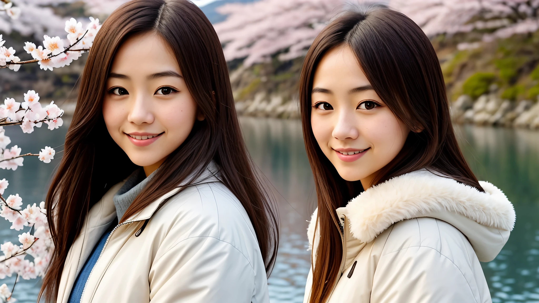 Instagram pictures, 1Japanese Girl, Shoulder length hair, with light blonde hair, Close-up photo, coat, The background is the lake Kawaguchiko with cherry blossom, Japan, smile a little,