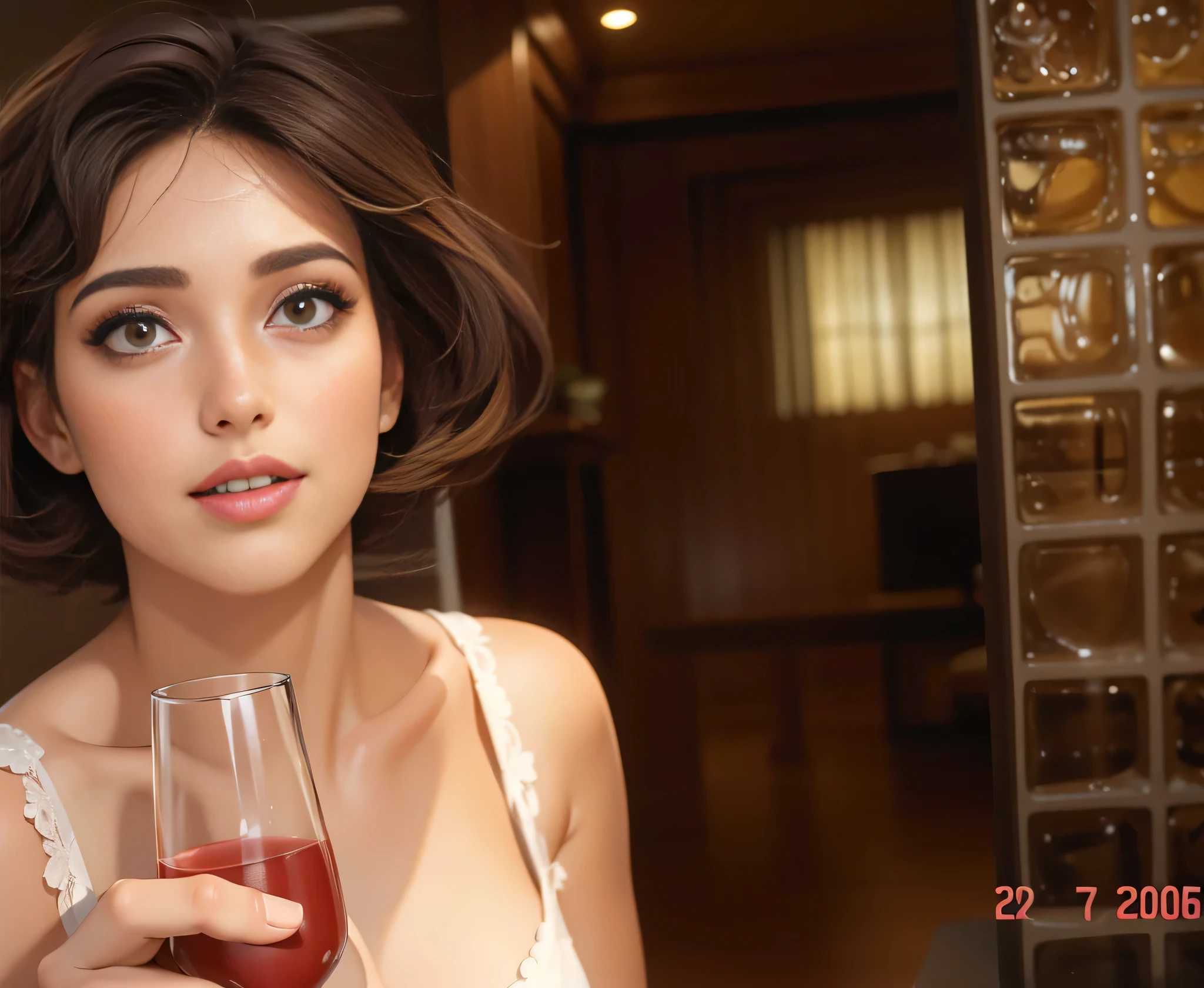there is a woman holding a wine glass in her hand, Uma mulher com pele branca bronzeada e cabelos escuros. ela tem cerca de 35 anos. she is sitting. Your slightly plump lips are like a delicate flower, o marrom escuro dela, olhos grandes e encantadores parecem conter um mundo de maravilhas. Corpo fino. cintura fina. Your body exudes glamor and your face is the definition of beauty. teste, Altamente realista, pele avermelhada, Lindo, soft lips, batom cor de rosa, sorridente, feeling of lightness and joy, hiperrealismo, pele muito elaborada, olhar direto. foto de corpo inteiro, Limpar foto, alta qualidade, high resolution, obra de arte, 8k, tirada em boate