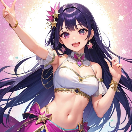 1 girl, alone, idol costume with sequins and glitter, bangs falling on one side, Happy expression, taking a pose with her hand on her hip, colorful purple hair cascading down her back, (masterpiece:1.2), High resolution image, highest quality output, 8K resolution, white pristine background contrasting her vibrant attire, Star Eye Students character, pink eyes sparkling, open mouth with a radiant smile.
