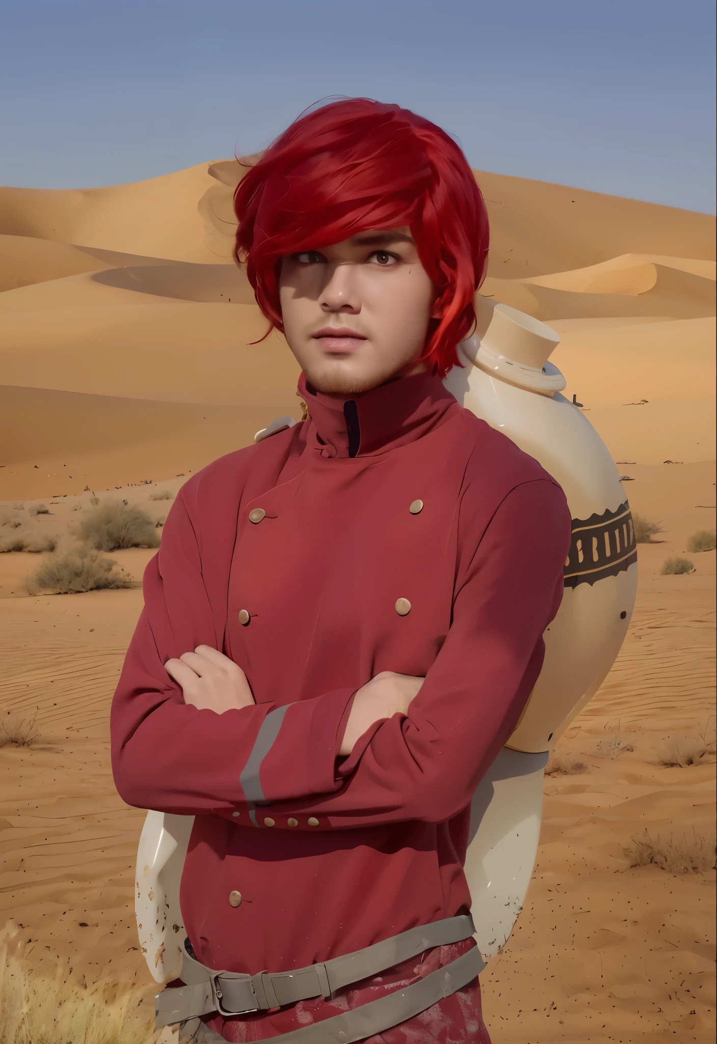 Real life adaption of this character, handsome man,no beard wear realistic same outfit, realistic same red hair,realistic same desert background,realism, hyper realistic, realistic light, realistic shadow,(photorealistic 1:2)
