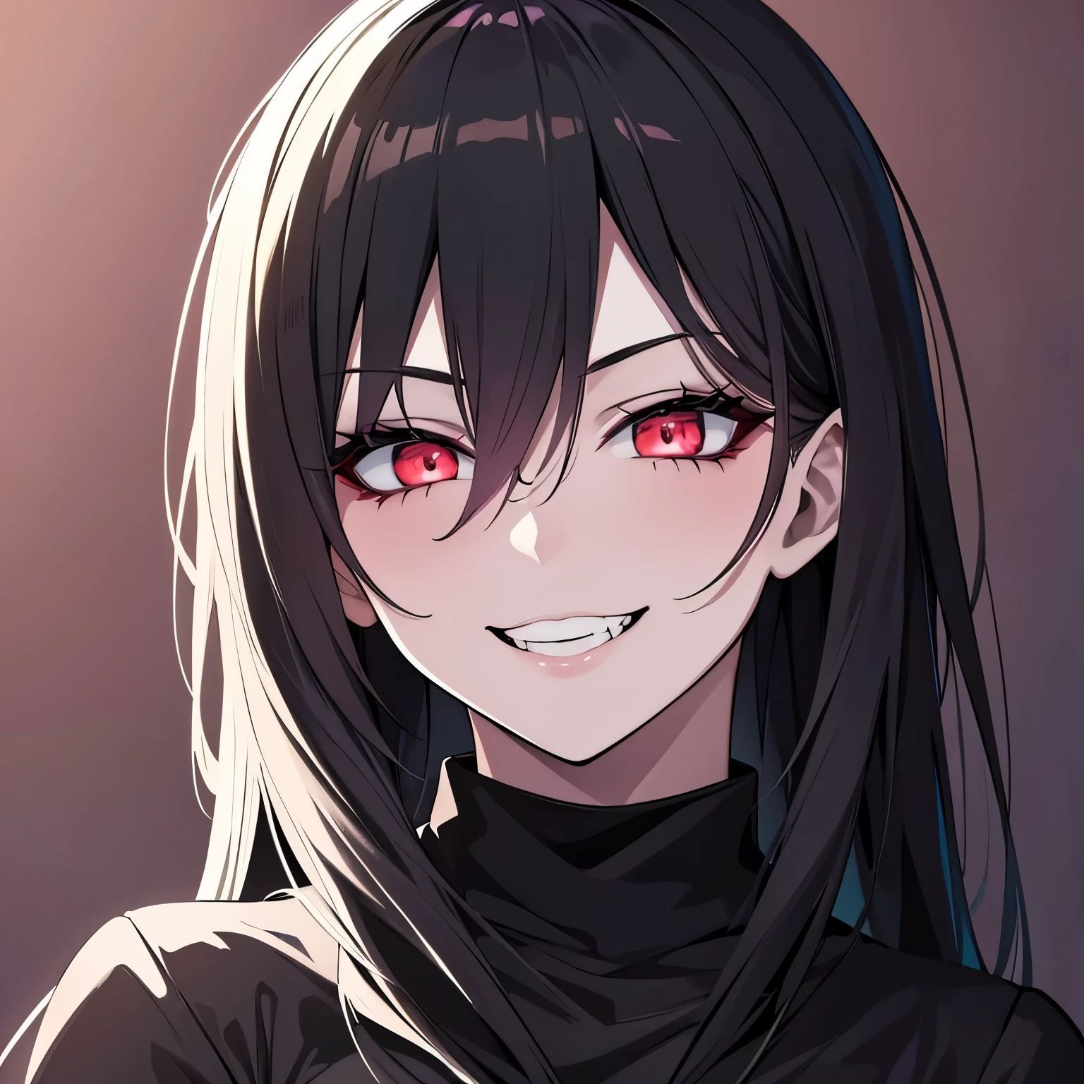 best quality, manga style, beautiful woman face, evil woman, evil smile, grinning face, fear, horror-like smile, eyes and mouth painted in matte black, light up, background black, dark