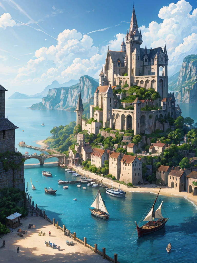(((masterpiece、Highest image quality、highest quality、highly detailed unity 8kwallpaper)))、((fantasy、middle ages))、(A remote port town、pier)、old small sailing boat