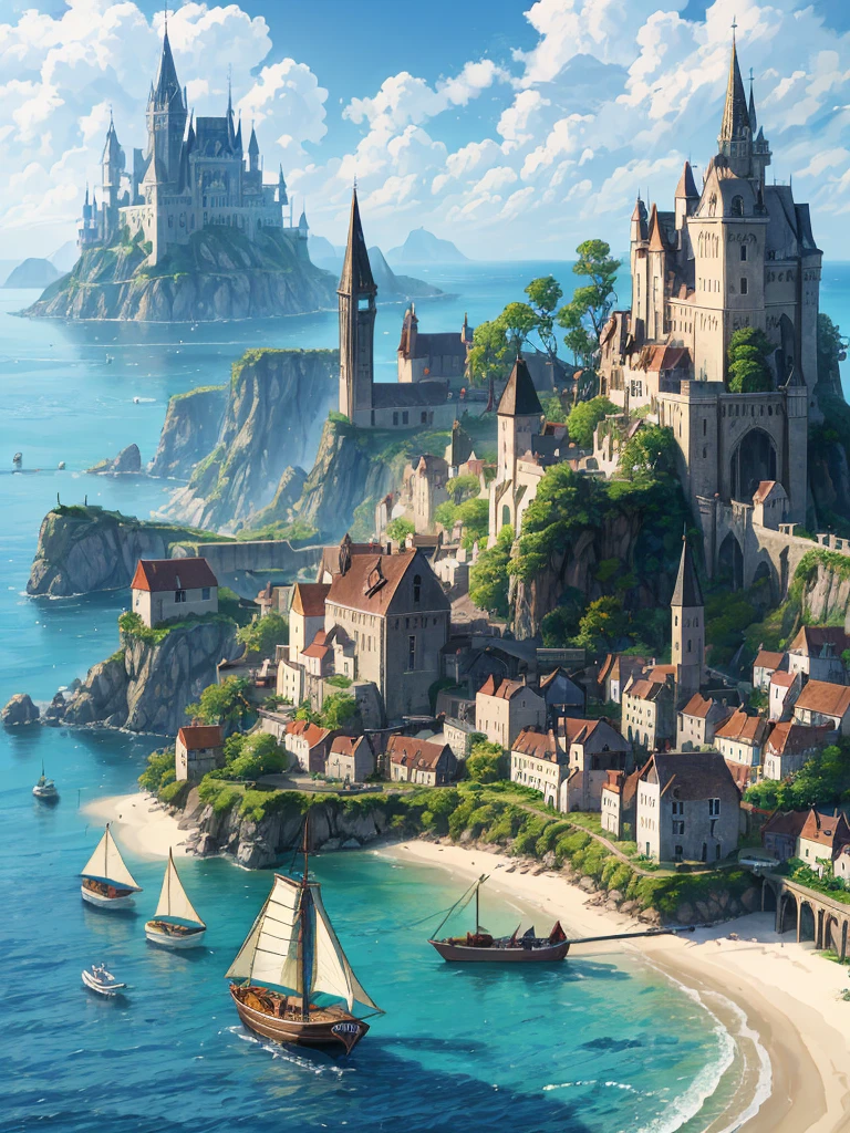 （（（masterpiece、Highest image quality、highest quality、highly detailed unity 8ｋwallpaper）））、（（fantasy、middle ages））、（A remote port town、pier）、old small sailing boat