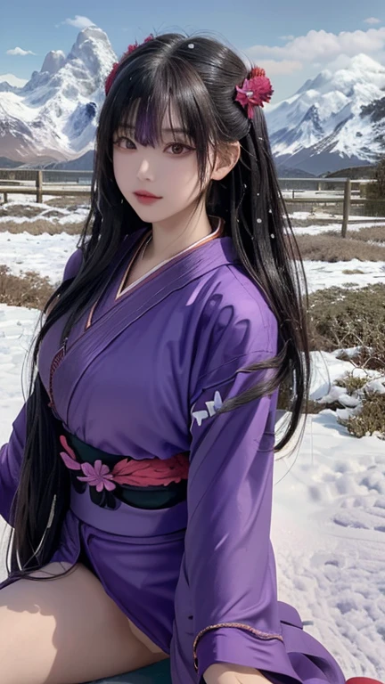 play sports often, long hair、(purple kimono:1.6)、No panties, (Cyberpunk settings: 1.2), compensate,, (1 girl: 1.4), highest quality, masterpiece, (reality: 1.2), young woman, lady, detailed face, fine eyes,(black hair)、fine hair, fine skin, looking at the viewer, dramatic, vibrant, sharp focus, 50mm, f1.2, EOS R8, (3/4 body: 1.2), (With snowy mountains in the background: 1.6), (highest qualityの詳細: 1.2), 8K HD,(spread legs:1.4)