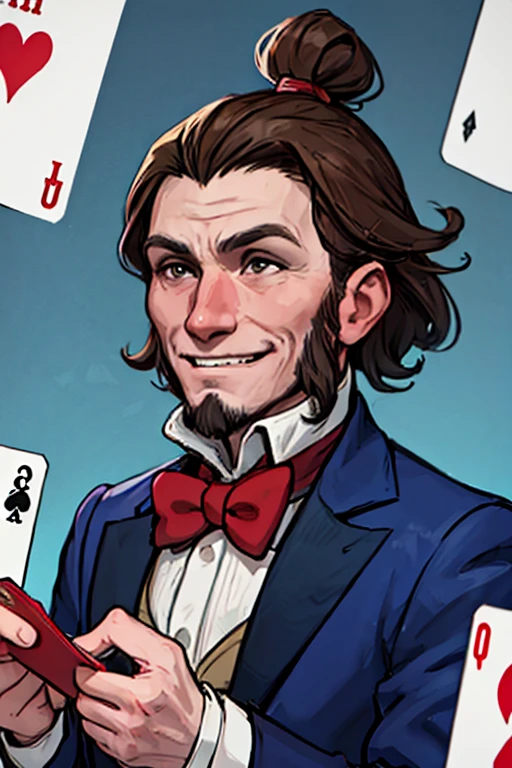 Short, pale-skinned dwarf, (man), with brown hair and eyes, ((dressed in a shabby tailcoat)), In the hands of cards, (Snide smile), (long beard)