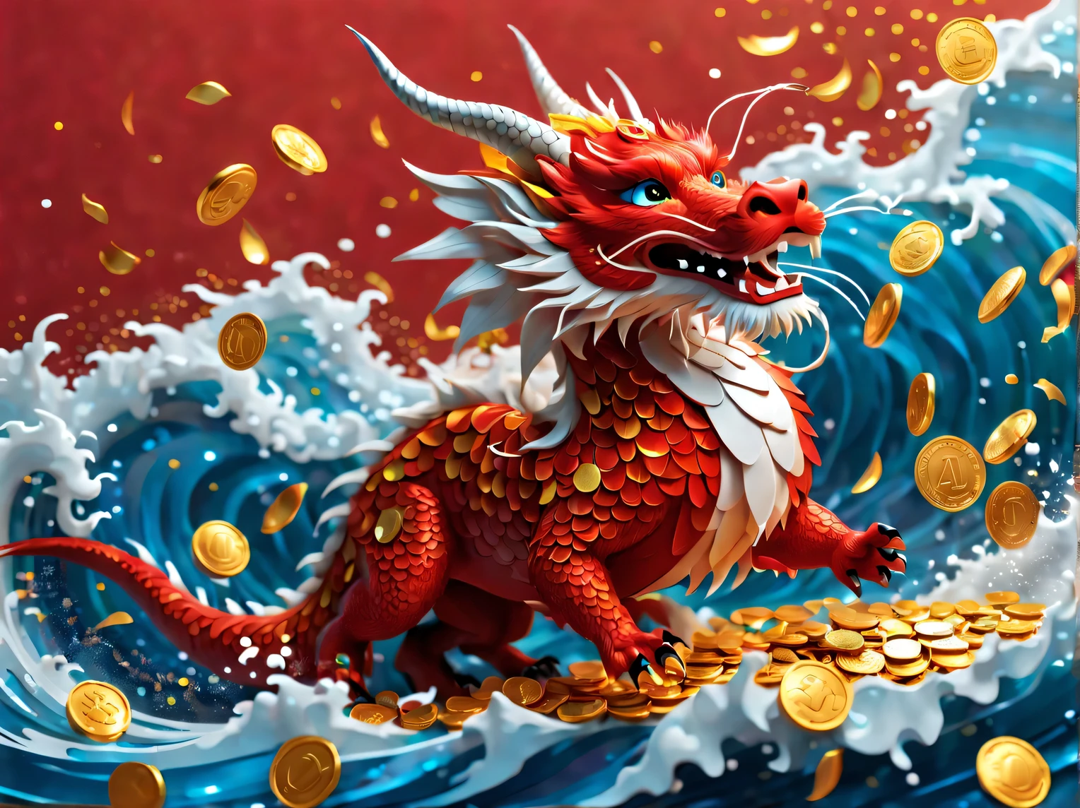 Modern art and cyberpunk style, Red wallpaper design, 3d rendering, realistic fur, hairy, beautiful wallpaper, Red, Yellow, blue, white, Black, Kaneko, (a super slim and mischievous Red orange zodiac dragon floating on the wave throwing Kaneko coins into the air), It has a real faucet and a machine body, it looks into the viewer&#39;s beautiful eyes, long eyelashes, (Dance move of throwing coins in the air: 1.0), (It says "AI": 1.37), whole body, Throwing action, laughing expression, many Kaneko coins scatteRed in the air, background: huge wave rolling, wave, Colored confetti,
Elevation and bottom-up angles, Beijing, China, 🦑  design,