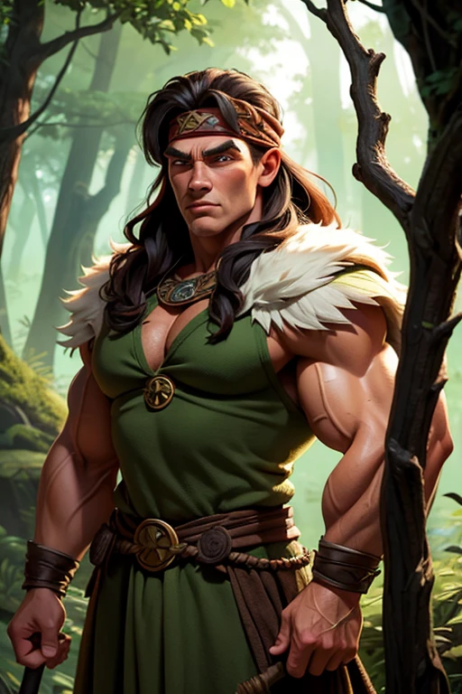 fantasy art, dnd, druid, young arnold schwarzenegger, conan, woods, headband, forest, trees, staff and shield, robe