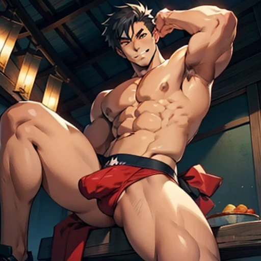 An enticing still from an anime, featuring a muscular Asian guy with chiseled abs and a smile that exudes sex appeal. He wears a transparent thong, the fabric barely covering his manhood, which boasts an impressive bulge. With a hint of mischief in his eyes, he provocatively spreads his legs, inviting the viewer to feast their eyes on his alluring display.