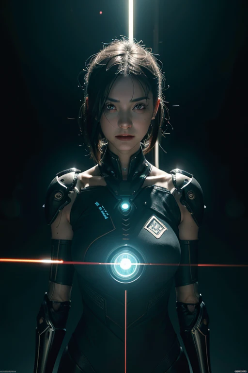 (from front:1.5), (1mechanical girl:1.5),full body, solo, Slim waist, thick thighs,  (machine made joints:1.2),(machanical limbs:1.1),(blood vessels connected to tubes),(mechanical vertebra attaching to back),(mechanical cervial attaching to neck), lights on armor, mecha headglass, (Luminous Arms:1.5), (laser eyes:1.5), expressionless, huge breast, 

colorful,hdr, ray tracing, nvidia rtx, super-resolution, unreal 5, subsurface scattering, pbr texturing, post-processing, anisotropic filtering, depth of field, maximum clarity and sharpness, rule of thirds, 16k raw, (luminescent particles:1.4), extremely detailed cg, unity 8k wallpaper, 3d, cinematic lighting, lens flare, reflections, sharp focus, cyberpunk art,  realistic, highly detailed CG illustration, an extremely delicate and beautiful, cinematic light, (photorealistic:1.5), (Dark background:1.5),dynamic angle, masterpiece, best quality, ultra-detailed, illustration, detailed light, dramatic_shadow,face shadow,extra detailed,best performance,(nsfw:0.5)