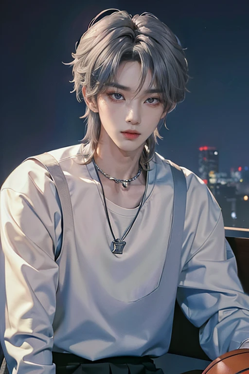 masterpiece、(top-quality)、((high-level image quality))、One Manly Boy、Slim body、((basketball uniform))、(Detailed beautiful eyes)、Stylish city background、sitting on a curb、Face similar to Chaewon in Ruseraphim、((short hair above the ears))、((Smaller face))、((Neutral face))、((Bright silver hair and bright red glowing eyes))、((Korean boy))、((18year old))、((Handsome man))、((Wild look))、((Korean Makeup))、((elongated and sharp eyes))、((Sit in front of the viewer))、((Photograph him from afar))