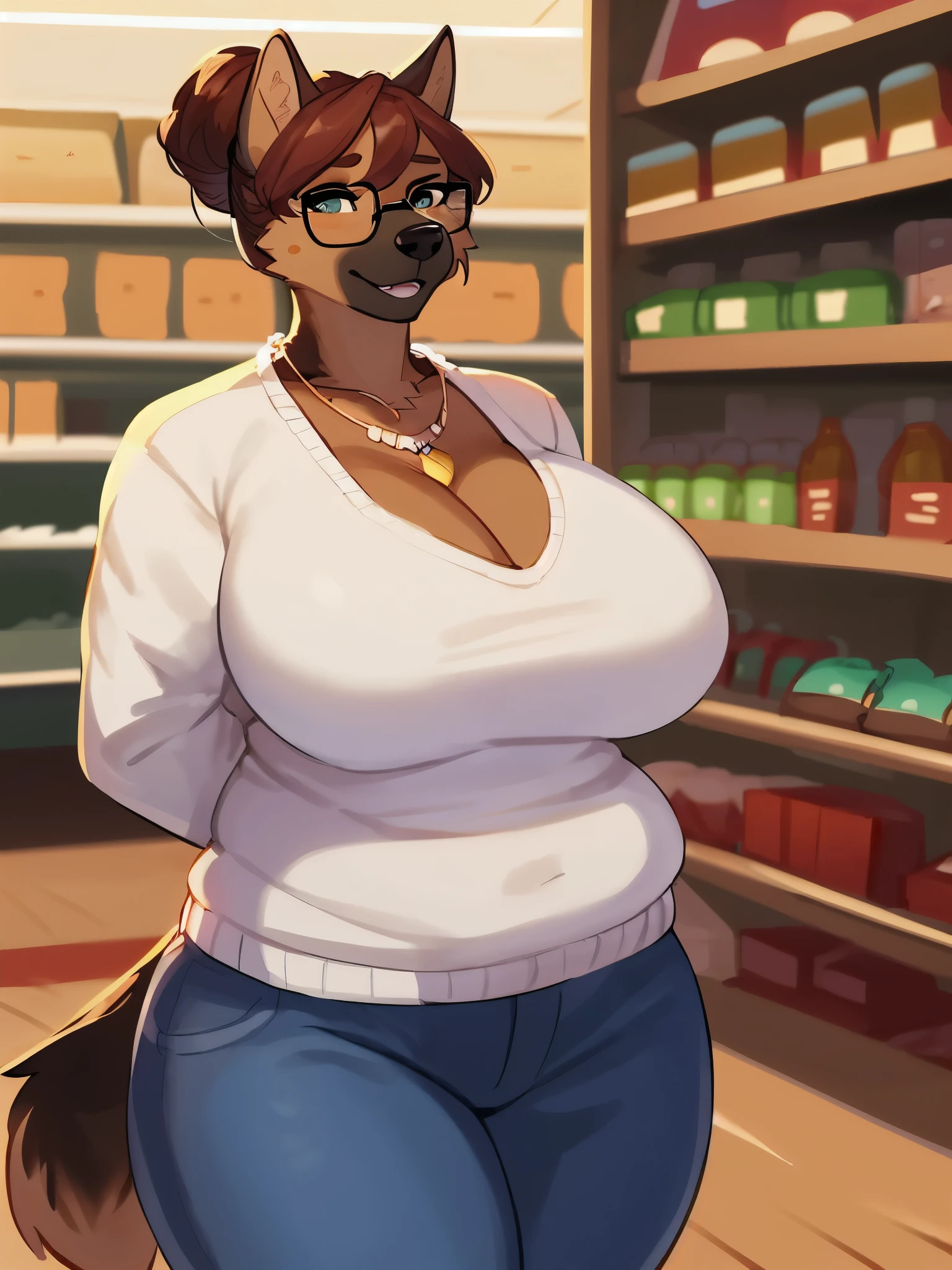 Solo, female, standing, grocery store, librarian glasses, hair bun, necklace, sweater, mom jeans, canine, german shepherd, big breasts, cleavage, by bebebebebe, by lostgoose, by goonie-san, chubby, mature female, old, milf, hands behind back