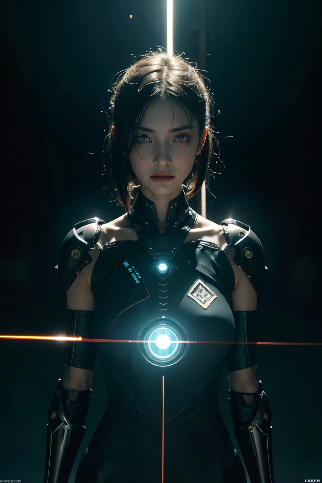 (from front:1.5), (1mechanical girl:1.5),full body, solo, Slim waist, thick thighs, (machine made joints:1.2),(machanical limbs:1.1),(blood vessels connected to tubes),(mechanical vertebra attaching to back),(mechanical cervial attaching to neck), lights on armor, mecha headglass, (Luminous Arms:1.5), (laser eyes:1.5), expressionless, huge breast,
colorful,hdr, ray tracing, nvidia rtx, super-resolution, unreal 5, subsurface scattering, pbr texturing, post-processing, anisotropic filtering, depth of field, maximum clarity and sharpness, rule of thirds, 16k raw, (luminescent particles:1.4), extremely detailed cg, unity 8k wallpaper, 3d, cinematic lighting, lens flare, reflections, sharp focus, cyberpunk art, realistic, highly detailed CG illustration, an extremely delicate and beautiful, cinematic light, (photorealistic:1.5), (Dark background:1.5),dynamic angle, masterpiece, best quality, ultra-detailed, illustration, detailed light, dramatic_shadow,face shadow,extra detailed,best performance,(nsfw:0.5)