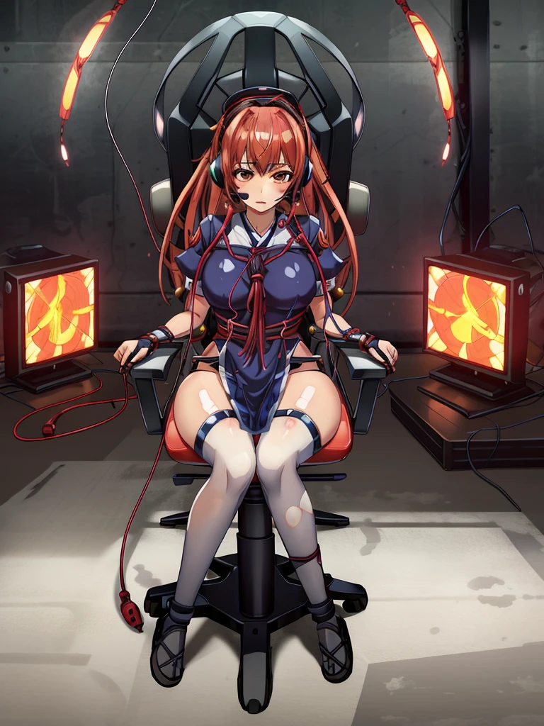 masterpiece, 最high quality, cg, wallpaper, HDR, high quality, High resolution, very detailed, mind control device, 1 girl, headset, sitting, Helmet, wire, tube, BDSM, tied to a chair,Kasumido,