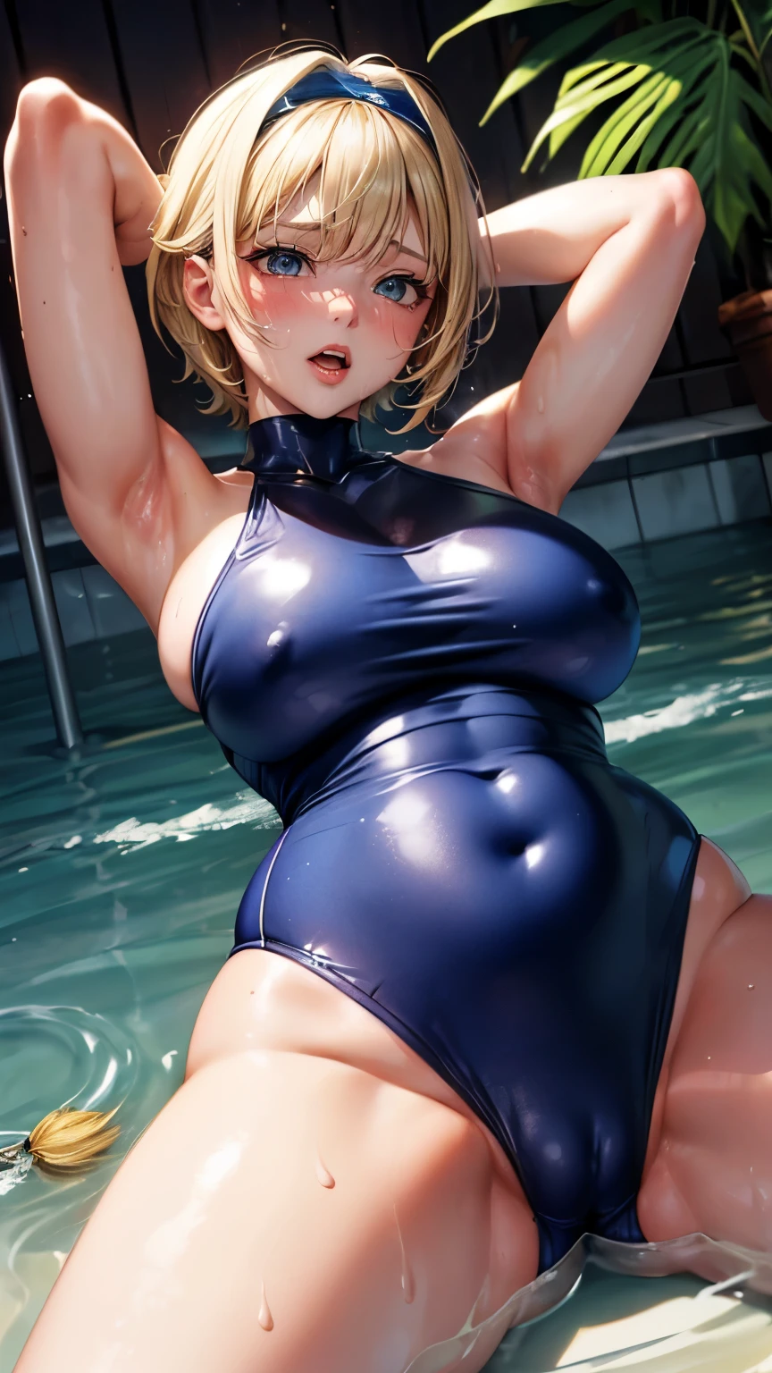 korean idol　japanese mature　(chubby round face)　((Latex super glossy mirror metallic navy blue school swimsuit that reflects light and shines.)) ((Blonde with bangs))　((blonde short hair))　My cheeks turned red from embarrassment　((Glasses))　((midsummer jungle))　((restrained with lots of chains))　((Bright red rouge plump lips))　duck mouth 　((Watery eye))　((Showing off her beautiful sweaty armpits))　(Sweaty armpit pussy)　((Her face is flushed with a lot of sweat and white lotion and feels intense orgasm.))　open leg　((A perverted mature woman is photographed from below as she has a violent orgasm with a lot of lotion and a lot of sweat flowing down her face.))　looking at the camera　Eyes meet