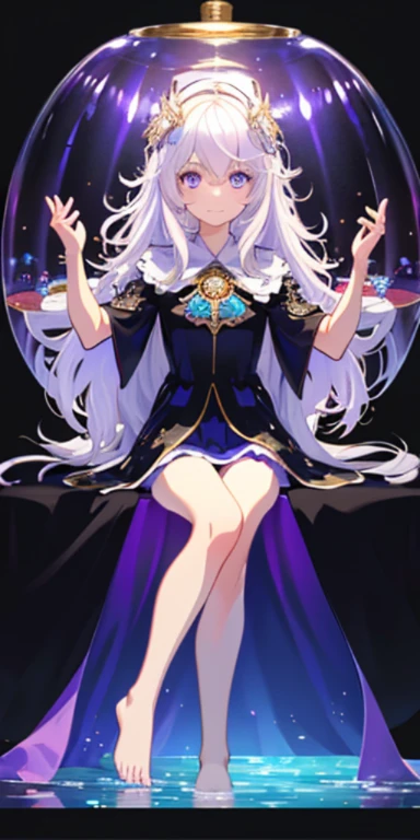 [(Transparent Background:1.5)::5],(((masterpiece))),(((best quality))),(((Very detailed))),illustration, 1 girl,alone,mystery,Bright colors,shining, underwater transparent sealed hemispherical glass dome, (white hair),(purple eyes), Full body female love,barefoot,Long hair calm and natural, Require,underwater, domes,close up,dynamic action,Lens perspective,(((Box composition))),sit cross-legged，Leaning against the bookshelf, Volumetric lighting, multi-colored eyes, delicate eyes, Super detailed,faint smile, Very detailed, beautiful, nitty gritty, Super detailed, best quality, complex, 4K, 8k, Popular topics on artstationh, good anatomy, beautiful lighting, Award-winning,