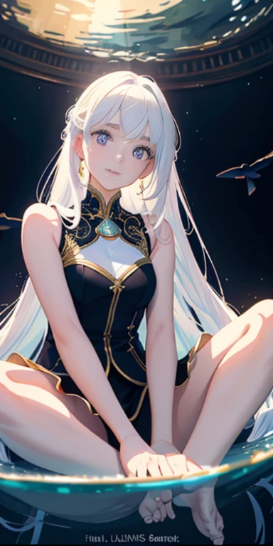 [(Transparent Background:1.5)::5],(((masterpiece))),(((best quality))),(((Very detailed))),illustration, 1 girl,alone,mystery,Bright colors,shining, underwater transparent sealed hemispherical glass dome, (white hair),(purple eyes), Full body female love,barefoot,Long hair calm and natural, Require,underwater, domes,close up,dynamic action,Lens perspective,(((Box composition))),sit cross-legged，Leaning against the bookshelf, Volumetric lighting, multi-colored eyes, delicate eyes, Super detailed,faint smile, Very detailed, beautiful, nitty gritty, Super detailed, best quality, complex, 4K, 8k, Popular topics on artstationh, good anatomy, beautiful lighting, Award-winning,