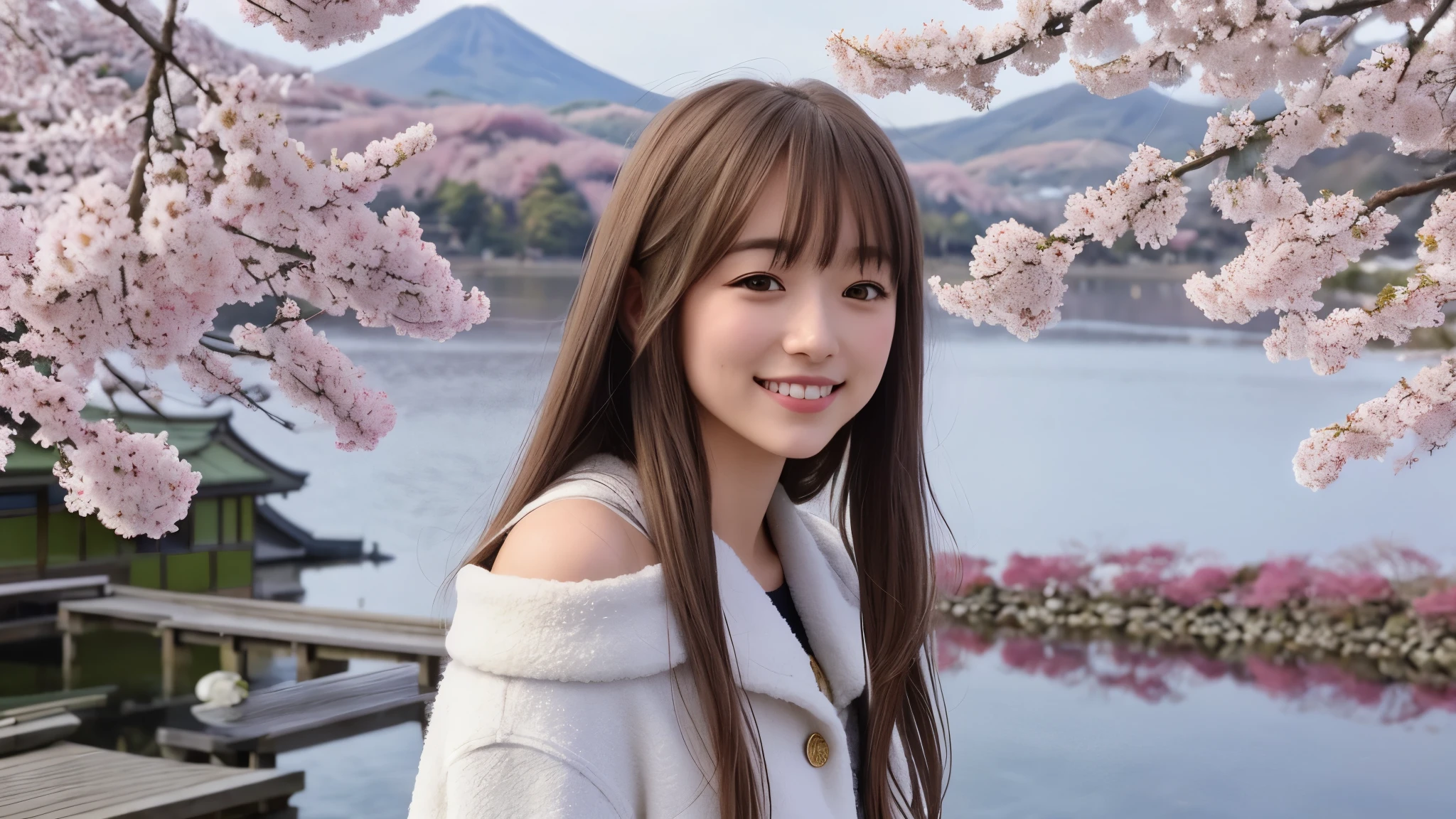Instagram pictures, 1French Girl, Shoulder length hair, with light blonde hair, Close-up photo, coat, The background is the lake Kawaguchiko with cherry blossom, Japan, smile a little,
