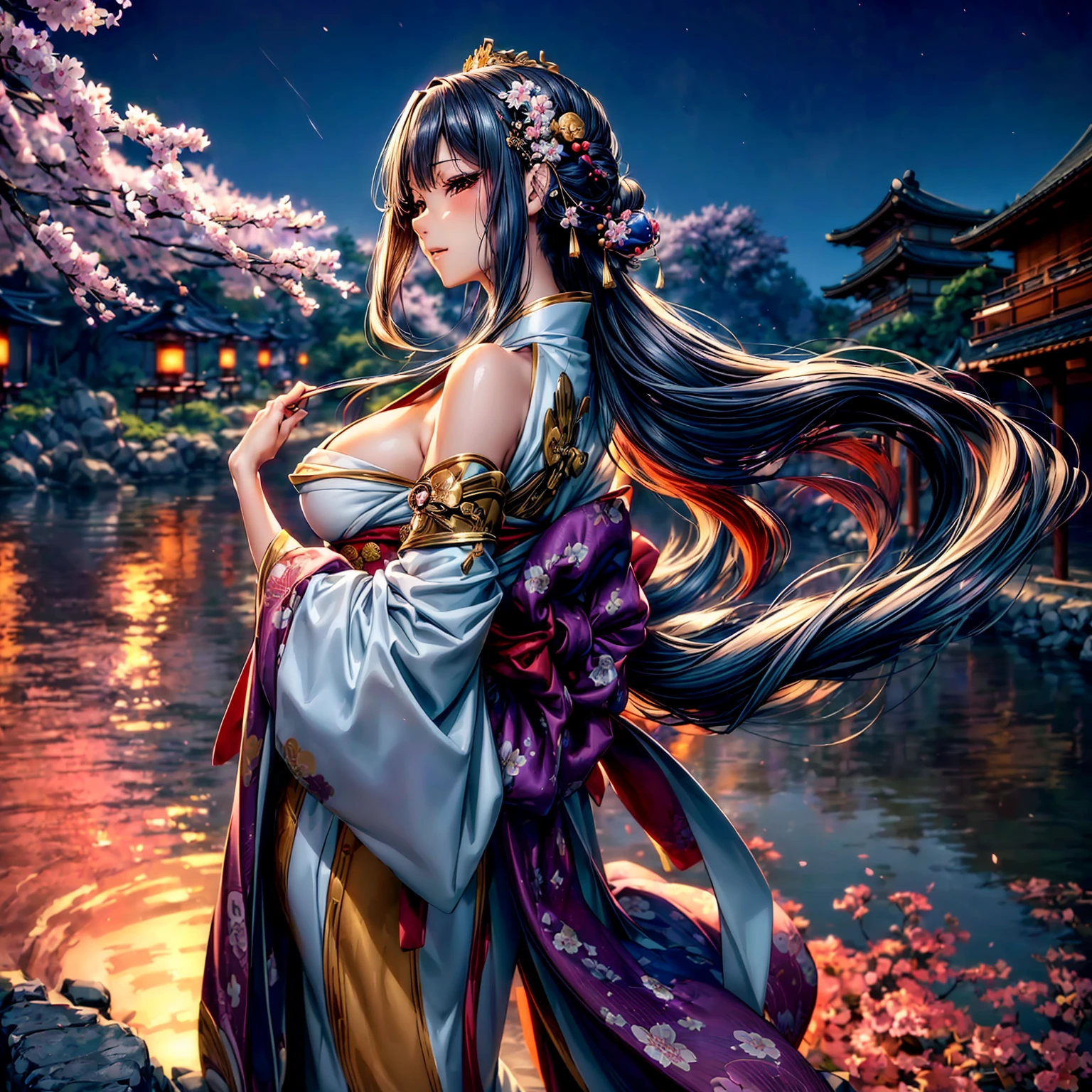 (((highest quality、masterpiece、8K quality,very high resolution)))、((A woman of perfect and ultimate beauty:24-years-old:Yamato Nadeshiko))、(beautiful face:smile、beautiful hair:Japanese hair decoration、beautiful body:Slender and beautiful )、(best skin and hair texture)、(Beautiful Japan kimono:Japanese pattern and purple:Layering,Kimono sleeves and obi are long,outstretched arm,Exposed shoulders from kimono,I can see the cleavagbody,I can see my thighs,Hair flutters under the influence of the wind,The sleeves and obi of the kimono flap in the wind.),(Mysterious waterfront:beautiful cherry blossoms and waterfall,Fantastic night sky and beautiful full moon,lantern,beautiful scenery,beautiful scenery,Beautiful colors)、(bijinga,realistic portrait)、beautiful pose,various camera angles、model shoot,Overall image、accurate anatomy、highly detailed images、accurate image、perfect image、Image without defects、natural soft light、beautiful images、beautiful anime woman, beautiful art style, anime character、(best shot:1.2,RAW photo:1.2)