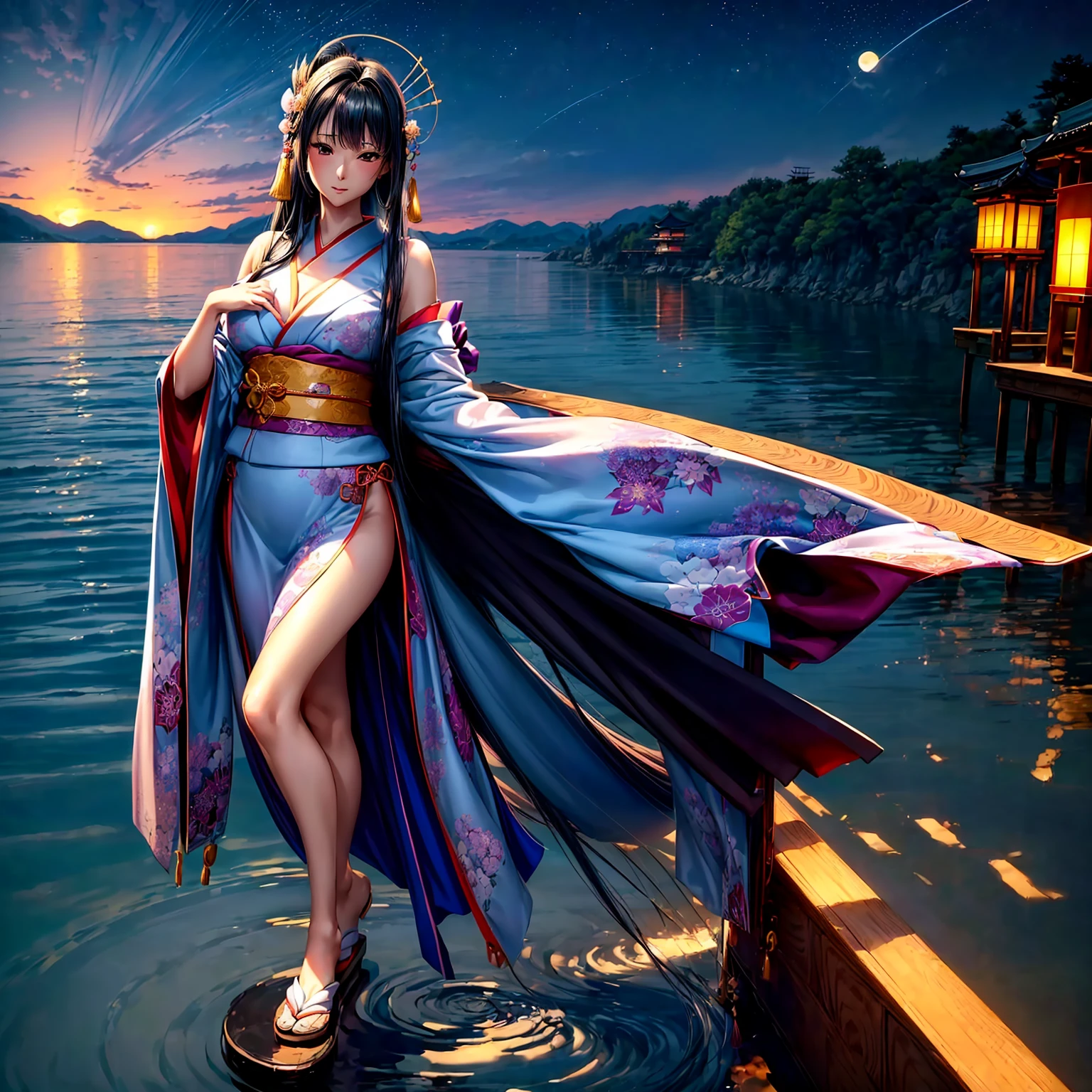 (((highest quality、masterpiece、8K quality,very high resolution)))、((A woman of perfect and ultimate beauty:24-years-old:Yamato Nadeshiko))、(beautiful face:smile、beautiful hair:Japanese hair decoration、beautiful body:Slender and beautiful breasts)、(best skin and hair texture)、(Beautiful Japan kimono:Japanese pattern and purple:Layering,Kimono sleeves and obi are long,outstretched arm,Exposed shoulders from kimono,I can see the cleavage,whole body,I can see my thighs,Hair flutters under the influence of the wind,The sleeves and obi of the kimono flap in the wind.),(Mysterious waterfront:beautiful cherry blossoms and waterfall,Fantastic night sky and beautiful full moon,lantern,beautiful scenery,beautiful scenery,Beautiful colors)、(bijinga,realistic portrait)、beautiful pose,various camera angles、model shoot,Overall image、accurate anatomy、highly detailed images、accurate image、perfect image、Image without defects、natural soft light、beautiful images、beautiful anime woman, beautiful art style, anime character、(best shot:1.2,RAW photo:1.2)