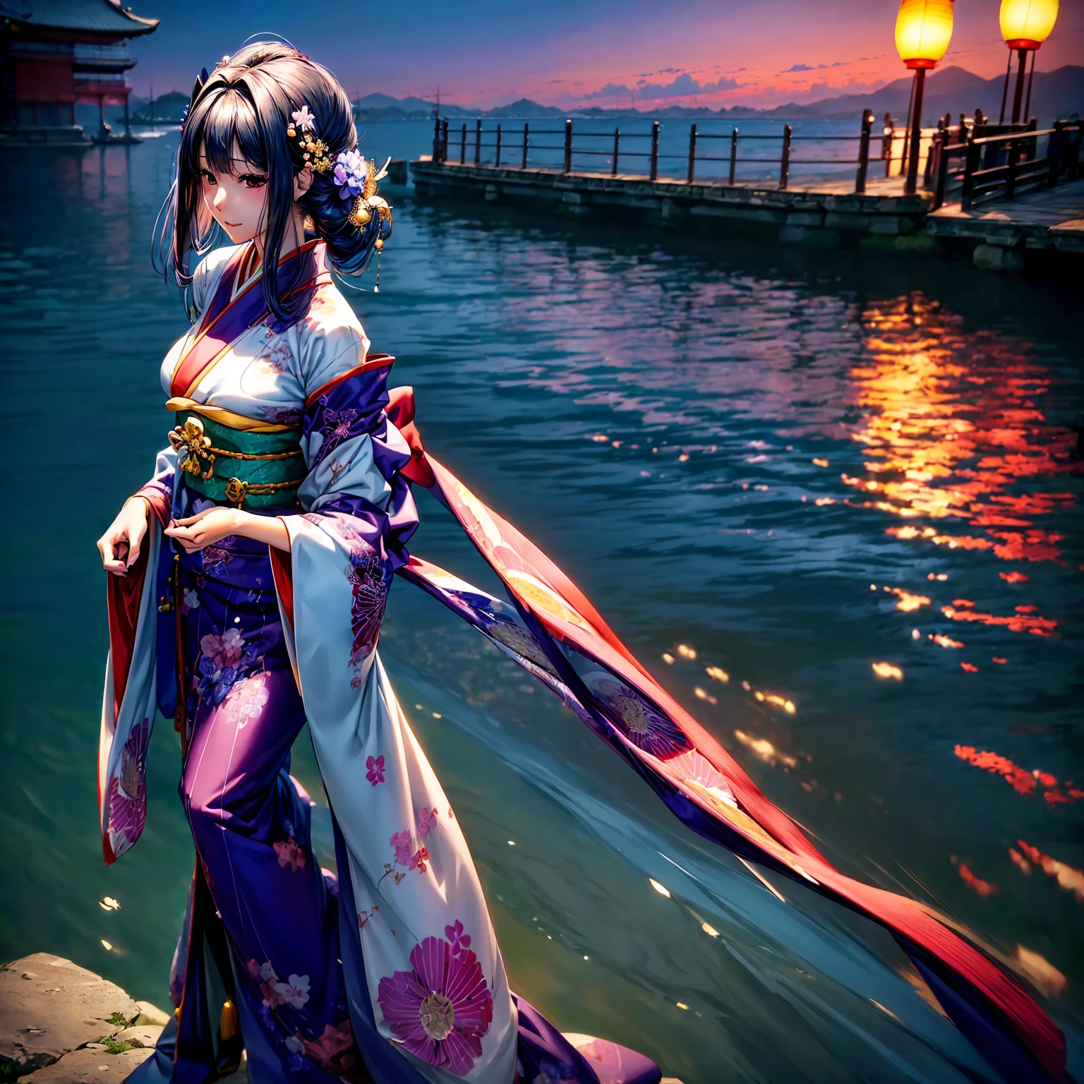 (((highest quality、masterpiece、8K quality,very high resolution)))、((A woman of perfect and ultimate beauty:24-years-old:Yamato Nadeshiko))、(beautiful face:smile、beautiful hair:Japanese hair decoration、beautiful body:Slender and beautiful breasts)、(best skin and hair texture)、(Beautiful Japan kimono:Japanese pattern and purple:Layering,Kimono sleeves and obi are long,outstretched arm,Exposed shoulders from kimono,I can see the cleavage,whole body,I can see my thighs,Hair flutters under the influence of the wind,The sleeves and obi of the kimono flap in the wind.),(Mysterious waterfront:beautiful cherry blossoms and waterfall,Fantastic night sky and beautiful full moon,lantern,beautiful scenery,beautiful scenery,Beautiful colors)、(bijinga,realistic portrait)、beautiful pose,various camera angles、model shoot,Overall image、accurate anatomy、highly detailed images、accurate image、perfect image、Image without defects、natural soft light、beautiful images、beautiful anime woman, beautiful art style, anime character、(best shot:1.2,RAW photo:1.2)