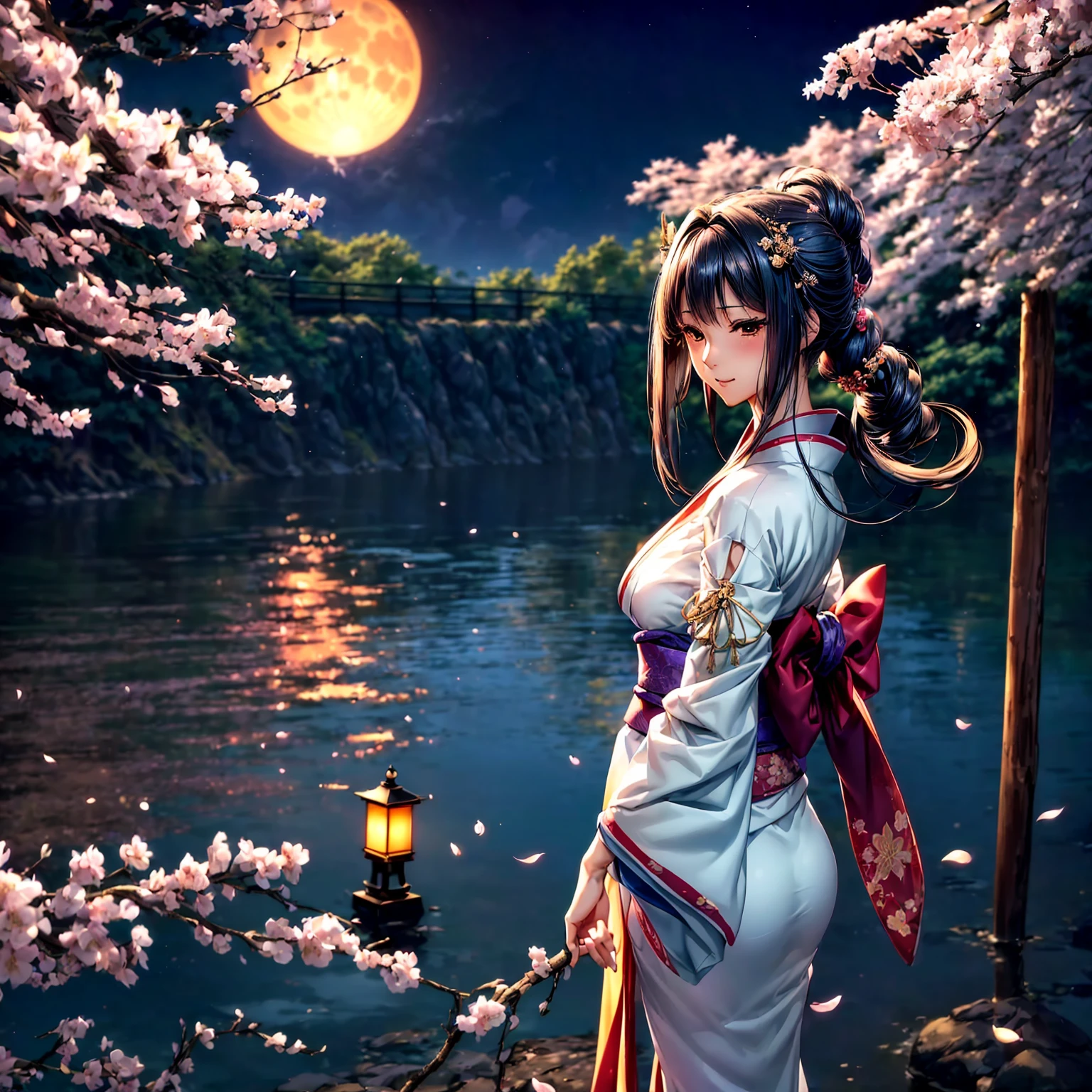 (((highest quality、masterpiece、8K quality,very high resolution)))、((A woman of perfect and ultimate beauty:24-years-old:Yamato Nadeshiko))、(beautiful face:smile、beautiful hair:Japanese hair decoration、beautiful body:Slender and beautiful breasts)、(best skin and hair texture)、(Beautiful Japan kimono:Japanese pattern and purple:Layering,Kimono sleeves and obi are long,outstretched arm,Exposed shoulders from kimono,I can see the cleavage,whole body,I can see my thighs,Hair flutters under the influence of the wind,The sleeves and obi of the kimono flap in the wind.),(Mysterious waterfront:beautiful cherry blossoms and waterfall,Fantastic night sky and beautiful full moon,lantern,beautiful scenery,beautiful scenery,Beautiful colors)、(bijinga,realistic portrait)、beautiful pose,various camera angles、model shoot,Overall image、accurate anatomy、highly detailed images、accurate image、perfect image、Image without defects、natural soft light、beautiful images、beautiful anime woman, beautiful art style, anime character、(best shot:1.2,RAW photo:1.2)
