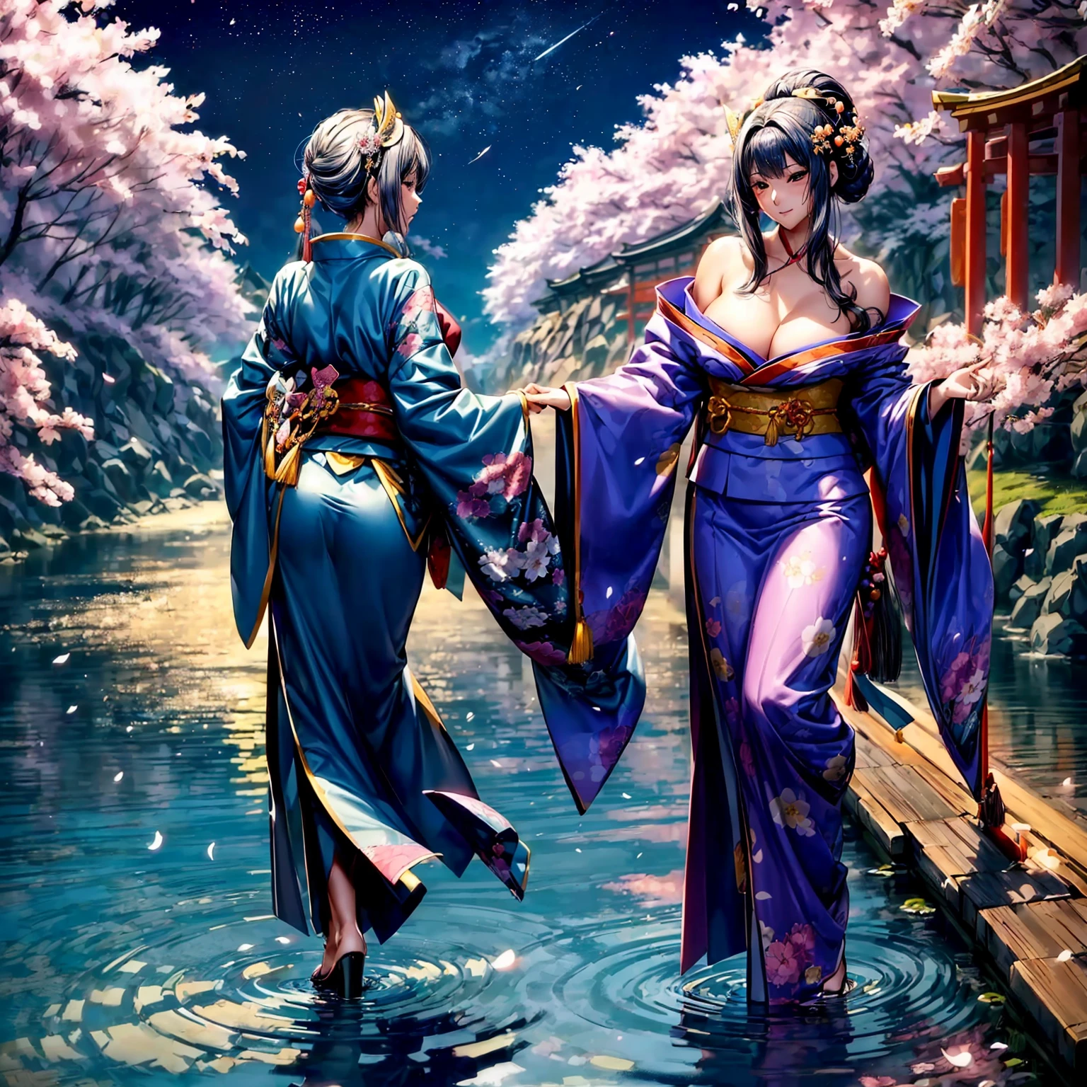 (((highest quality、masterpiece、8K quality,very high resolution)))、((A woman of perfect and ultimate beauty:24-years-old:Yamato Nadeshiko))、(beautiful face:smile、beautiful hair:Japanese hair decoration、beautiful body:Slender and beautiful breasts)、(best skin and hair texture)、(Beautiful Japan kimono:Japanese pattern and purple:Layering,Kimono sleeves and obi are long,outstretched arm,Exposed shoulders from kimono,I can see the cleavage,whole body,I can see my thighs,Hair flutters under the influence of the wind,The sleeves and obi of the kimono flap in the wind.),(Mysterious waterfront:beautiful cherry blossoms and waterfall,Fantastic night sky and beautiful full moon,lantern,beautiful scenery,beautiful scenery,Beautiful colors)、bijinga,realistic portrait、beautiful pose,various camera angles、model shoot,Overall image、accurate anatomy、highly detailed images、accurate image、perfect image、Image without defects、natural soft light、beautiful images、beautiful anime woman, beautiful art style, anime character、(best shot:1.2,RAW photo:1.2)