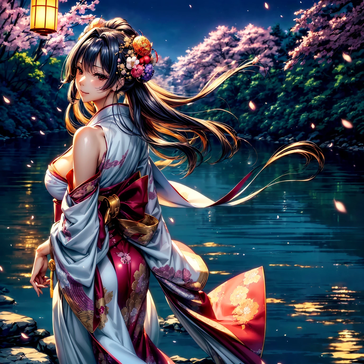 (((highest quality、masterpiece、8K quality,very high resolution)))、((A woman of perfect and ultimate beauty:24-years-old:Yamato Nadeshiko))、(beautiful face:smile、beautiful hair:Japanese hair decoration、beautiful body:Slender and beautiful breasts)、(best skin and hair texture)、(Beautiful Japan kimono:Japanese pattern and purple:Layering,Kimono sleeves and obi are long,outstretched arm,Exposed shoulders from kimono,I can see the cleavage,whole body,I can see my thighs,Hair flutters under the influence of the wind,The sleeves and obi of the kimono flap in the wind.),(Mysterious waterfront:beautiful cherry blossoms and waterfall,Fantastic night sky and beautiful full moon,lantern,beautiful scenery,beautiful scenery,Beautiful colors)、bijinga,realistic portrait、beautiful pose,various camera angles、model shoot,Overall image、accurate anatomy、highly detailed images、accurate image、perfect image、Image without defects、natural soft light、beautiful images、beautiful anime woman, beautiful art style, anime character、(best shot:1.2,RAW photo:1.2)