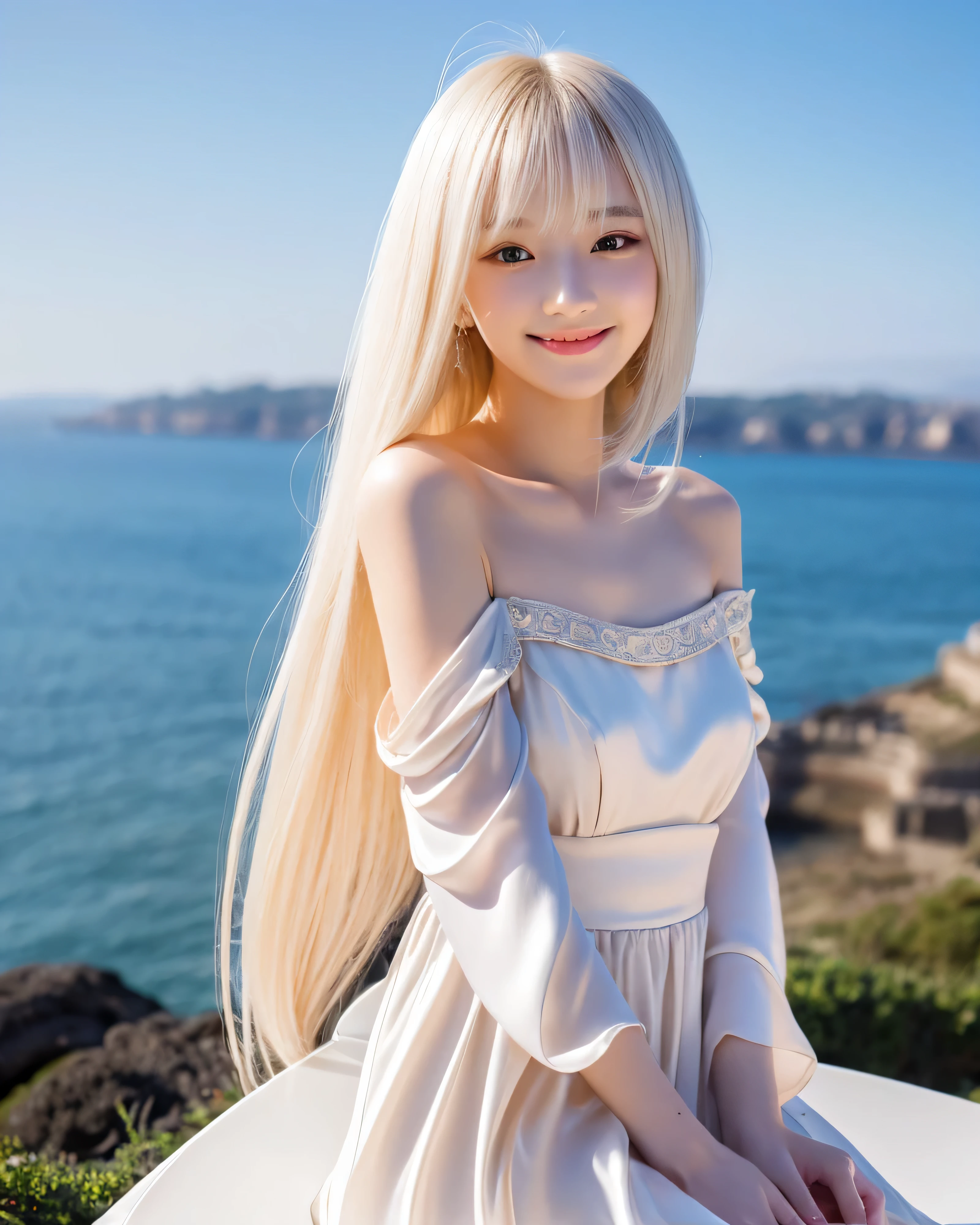 ((Extremely detailed)),, (8K), Best Quality, (Beautiful),((masutepiece)), ((Best Quality)), Beautiful girls,platinum-blonde,Ultramarine dress without sleeves,(Ultra-detailed), ((kawaii)), Cute, (lovely),plein air、Frayed background:1.5、(South Island、Palm trees:1.2、Blue Sea、blue open sky、cumulonimbus clouds、Into the cloud
