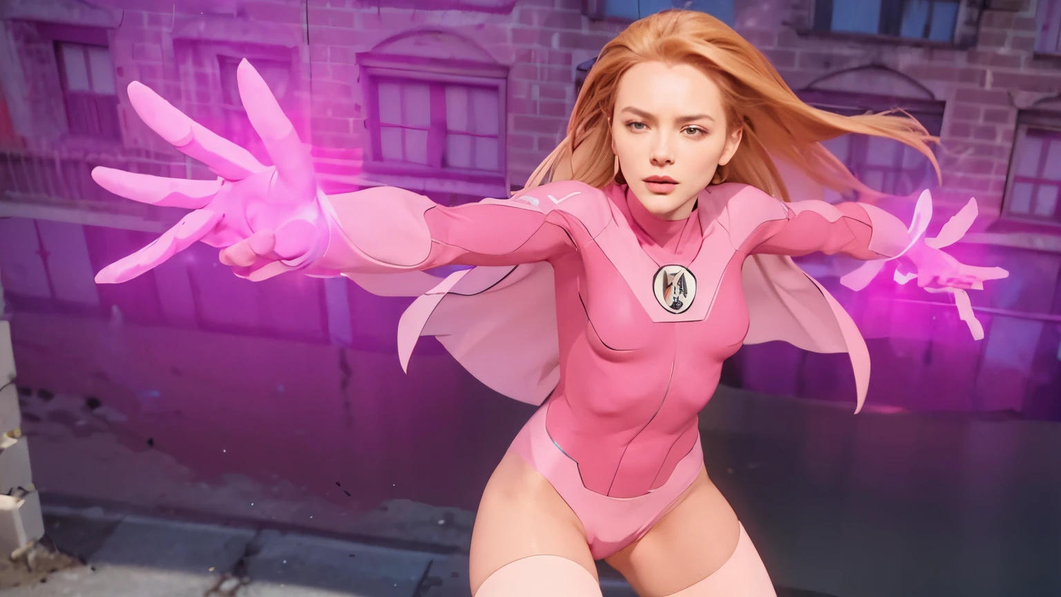 (obra de arte), (extremamente complexo:1.3), (realista), Atom Eve from invinvible series, superhero, showing his powers, pink light power, fotografia profissional de uma mulher deslumbrante detalhada, sharp focus, dramatic, premiado, cinematic lighting, Octane rendering, motor irreal, volumetric dtx, (Film grain)