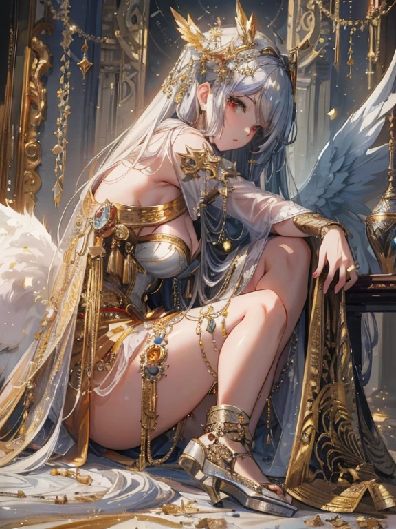 Anime - stylized image of a woman in a golden skirt sitting at a table, 8k high quality detailed art, beautiful fantasy queen, anime goddess, Beautiful fantasy anime, Guweiz in Pixiv ArtStation, guweiz on artstation pixiv, 2. 5d cgi anime fantasy artwork, anime fantasy artwork, ((beautiful fantasy queen))，No pants