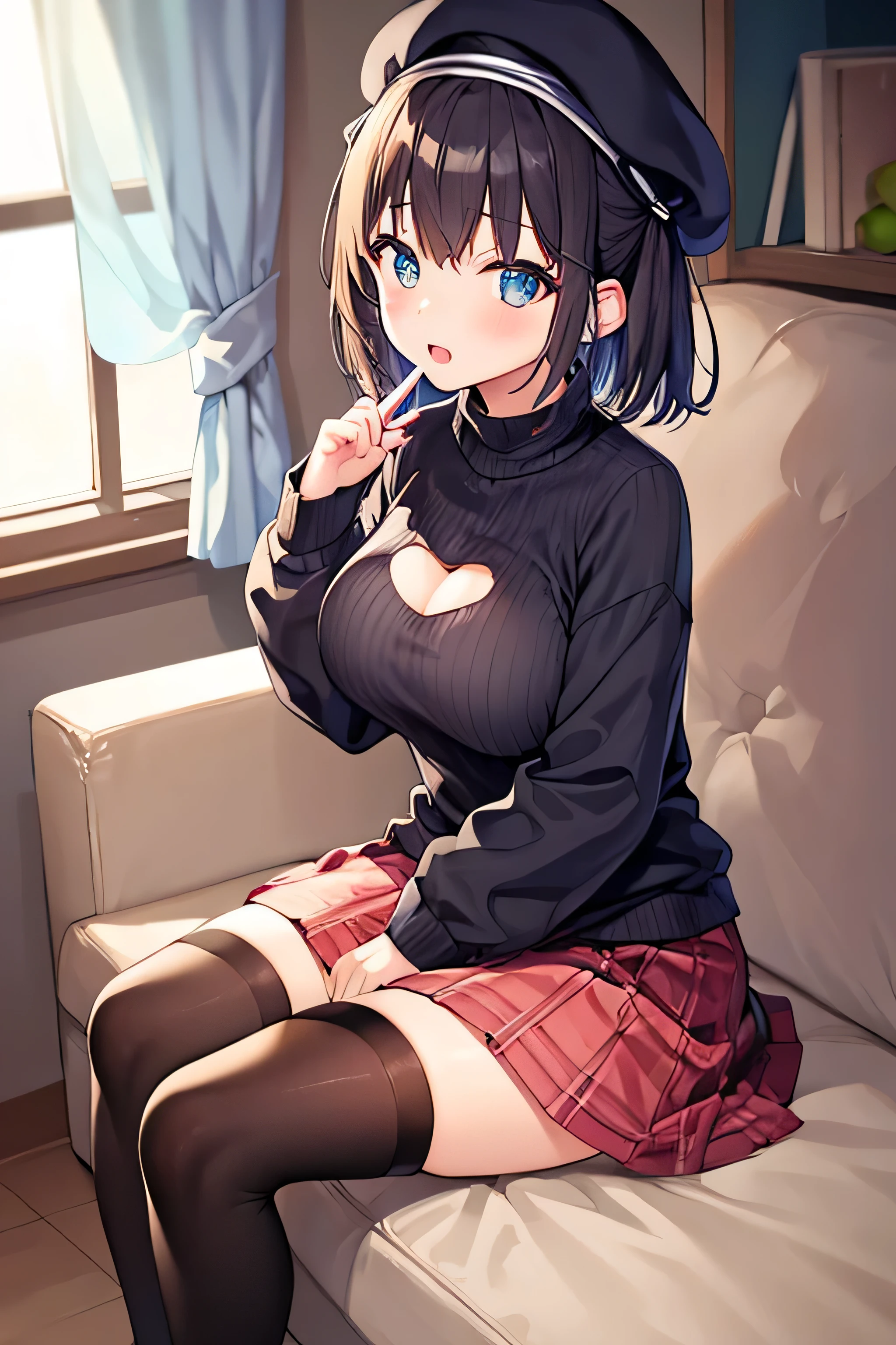 masterpiece、Highest image quality、ultra high resolution、NSFW、big breasted girl、short hair、red face、shyly、mock、Please open your mouth just a little、Sweater that shows the chest for elementary schooli skirt for elementary school girls、Thigh-hightary school girls、Beret for elementary school the sofa、In the living room