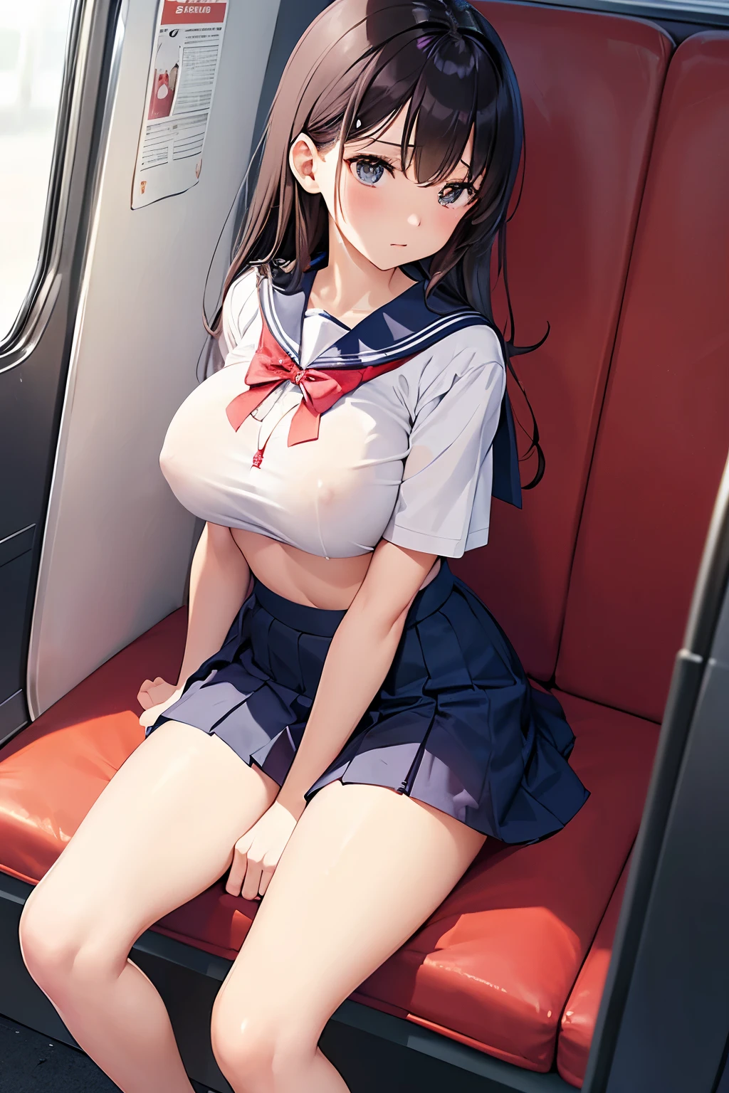 Multiple girls、Highest image quality、Sailor Mars、beautiful feet、((slender))、miniskirt、train、trainの4人掛けボックスシートに座っている、((Composition seen from the side))、((Composition seen from directly above))、((big breasts))、((The nipple protrusions push up the uniform))、cropped tops、You can see her cleavage while wearing the uniform、short sleeve、barefoot、((Wearing mules))、thin legs、((Sit with your legs thrown out in front of you without bending your knees))、Eyes are not looking at me、Hooked to a collar